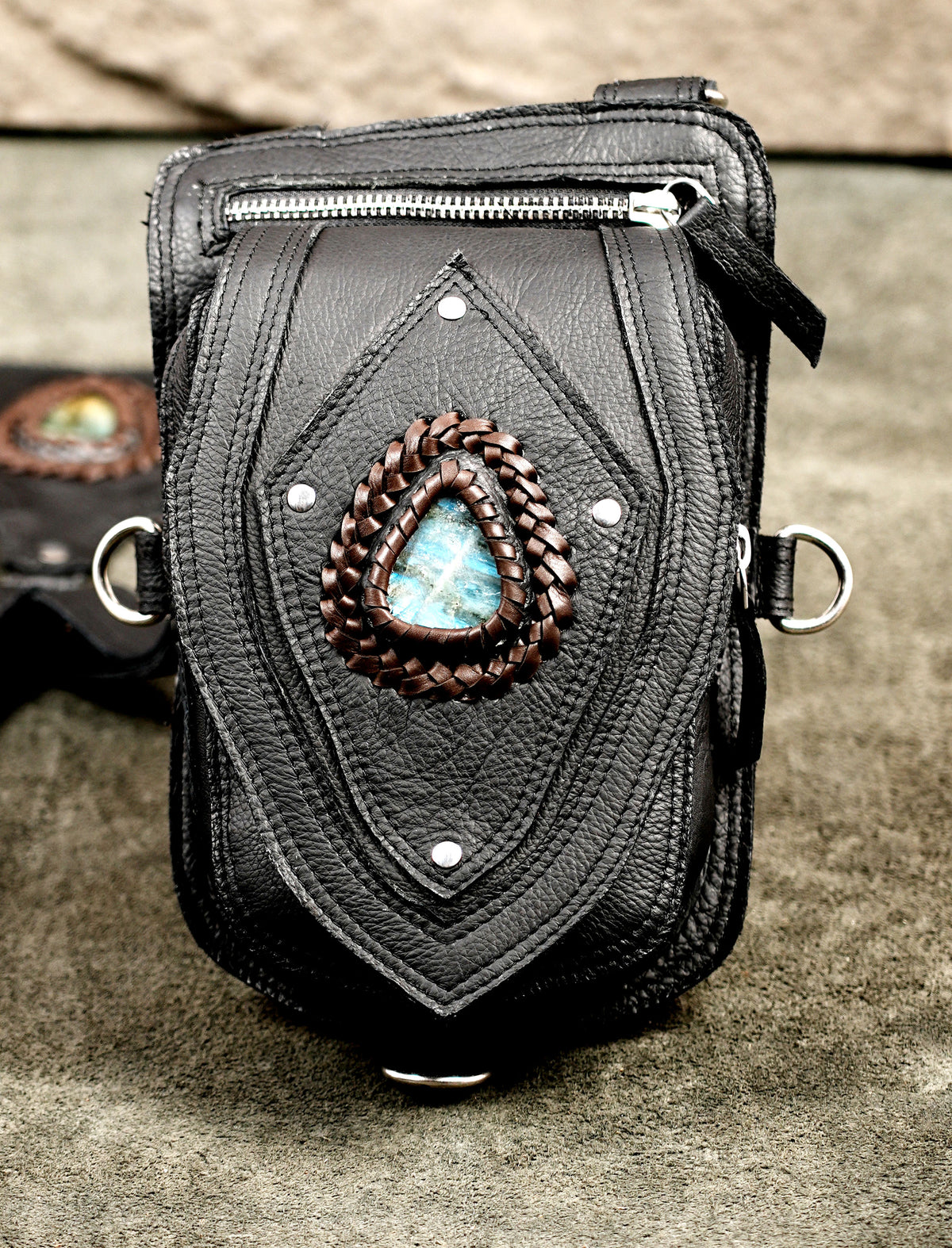 Burning Man leather utility harness with fringe and gemstone pouches