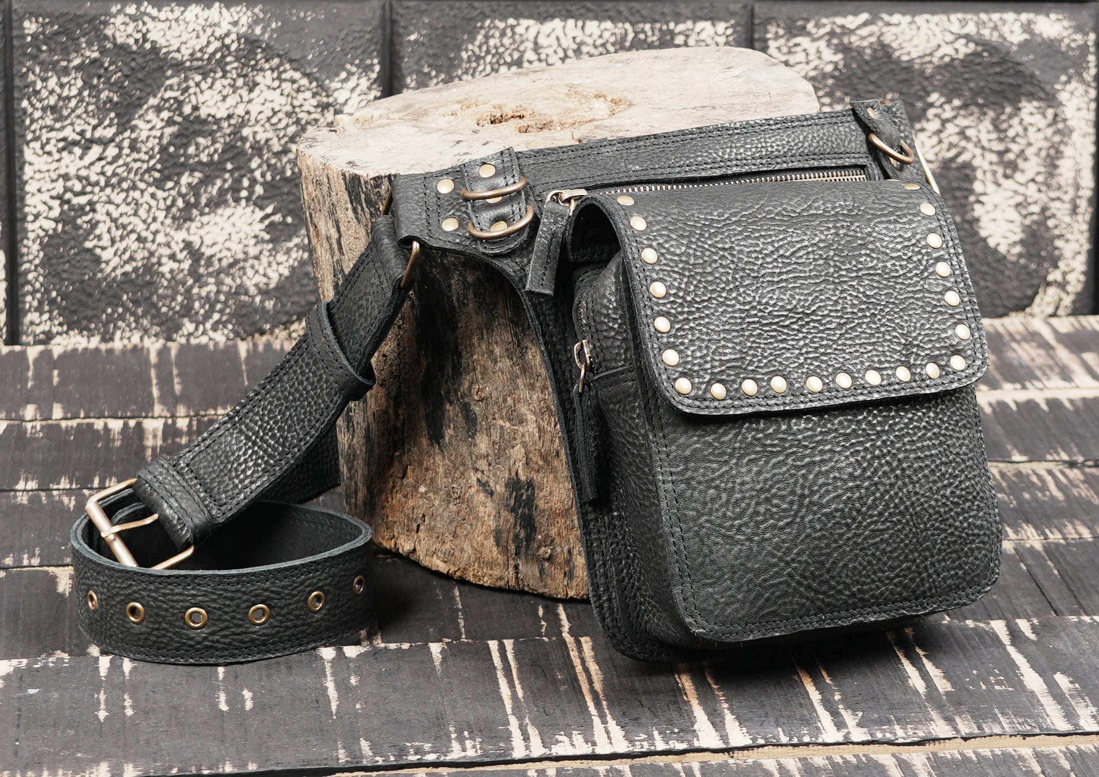 Black Genuine Leather Waist Belt Bag with Stud Detail || Unisex Black Leather Utility Waist Bag with Adjustable Belt (LT/AB/WB/6209)