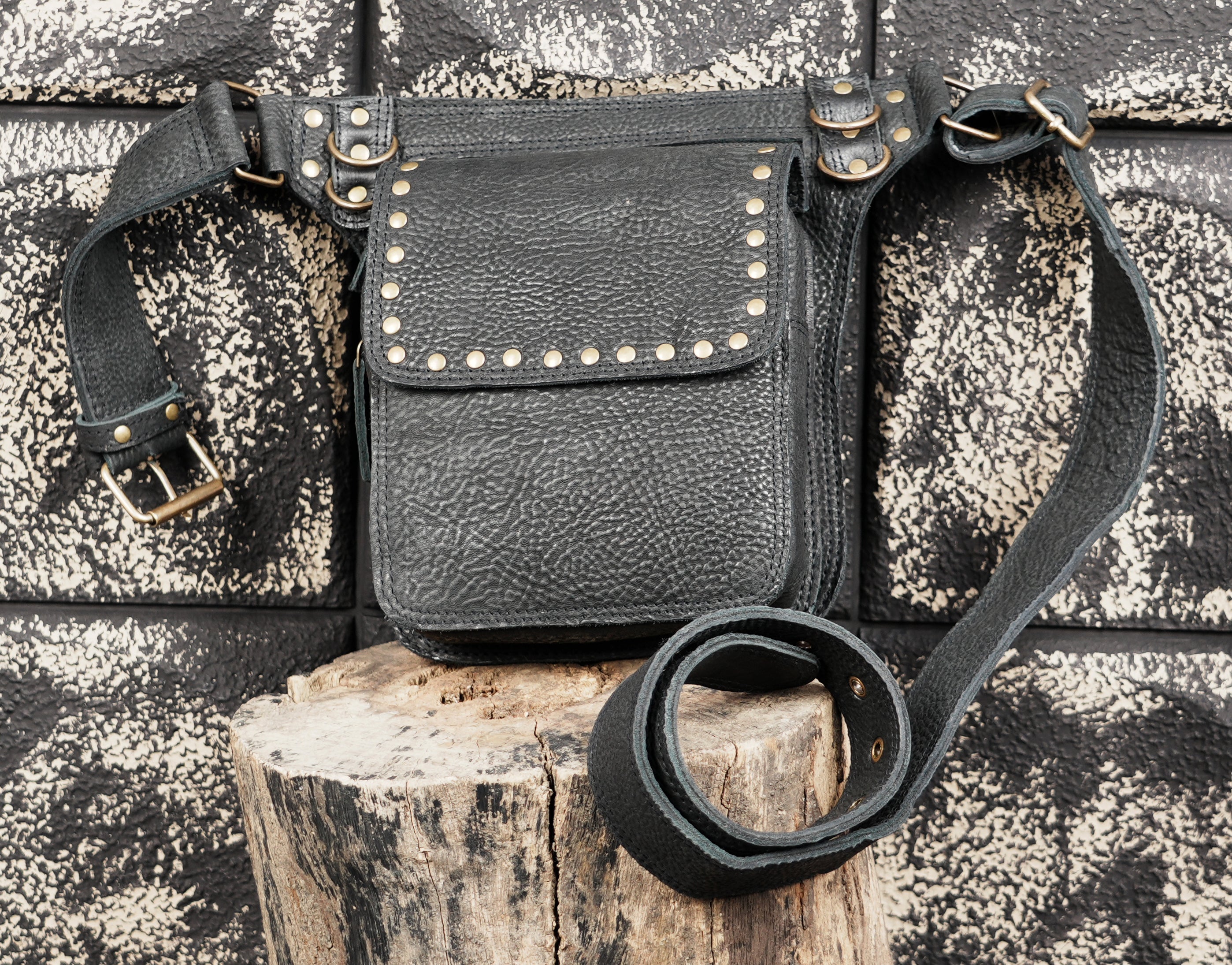 Black Genuine Leather Waist Belt Bag with Stud Detail || Unisex Black Leather Utility Waist Bag with Adjustable Belt (LT/AB/WB/6209)