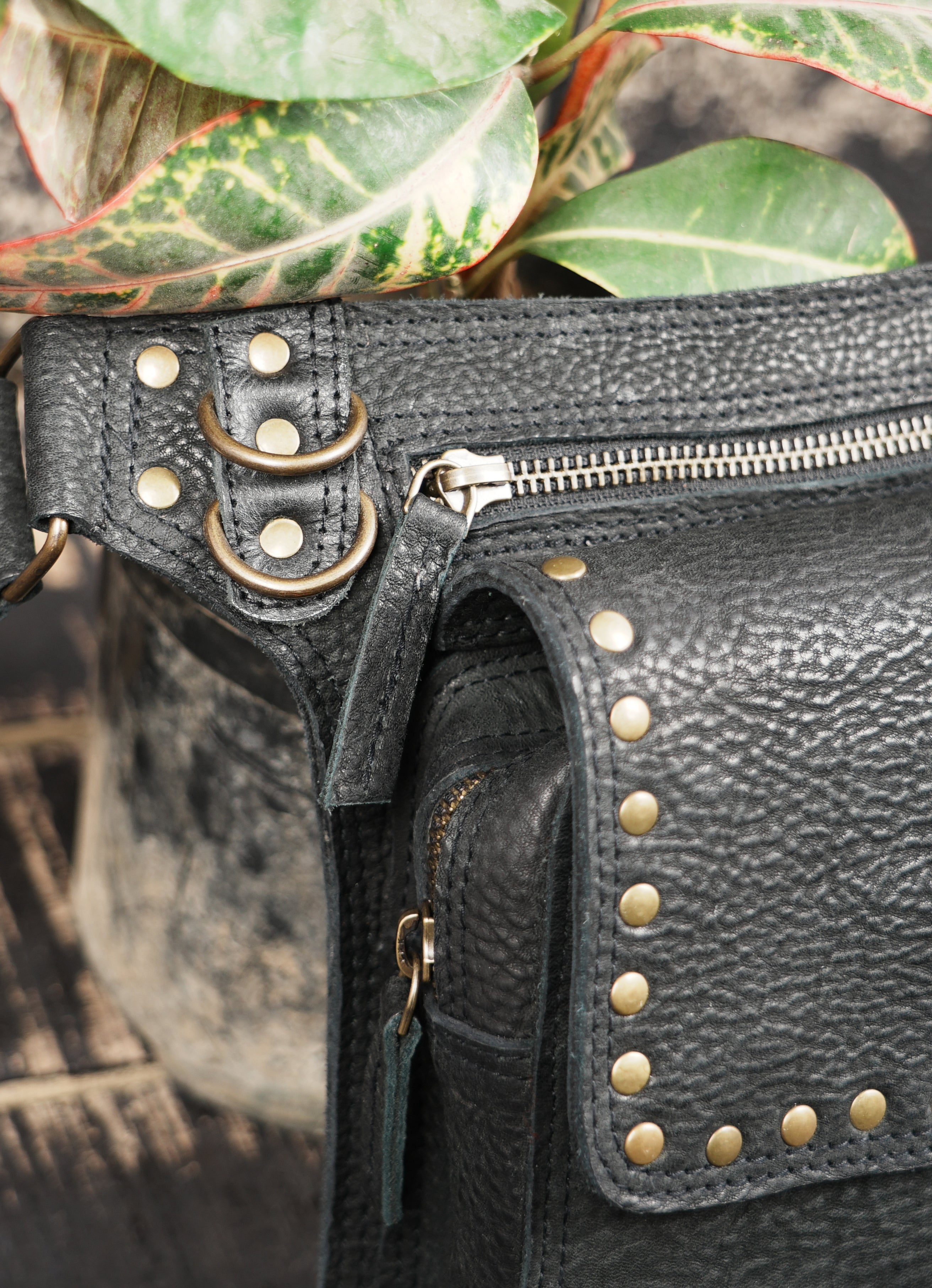 Black Genuine Leather Waist Belt Bag with Stud Detail || Unisex Black Leather Utility Waist Bag with Adjustable Belt (LT/AB/WB/6209)