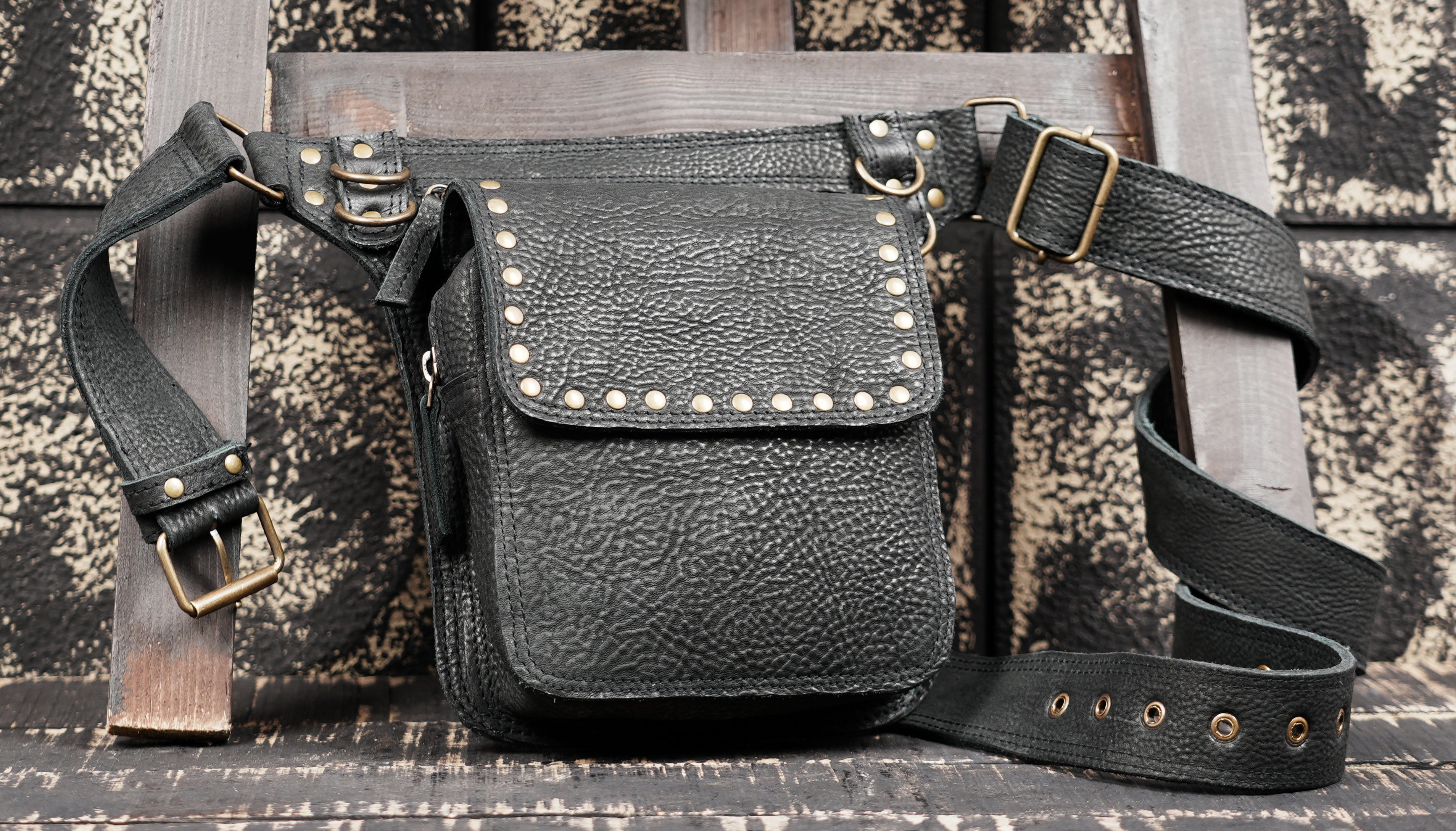 Black Genuine Leather Waist Belt Bag with Stud Detail || Unisex Black Leather Utility Waist Bag with Adjustable Belt (LT/AB/WB/6209)