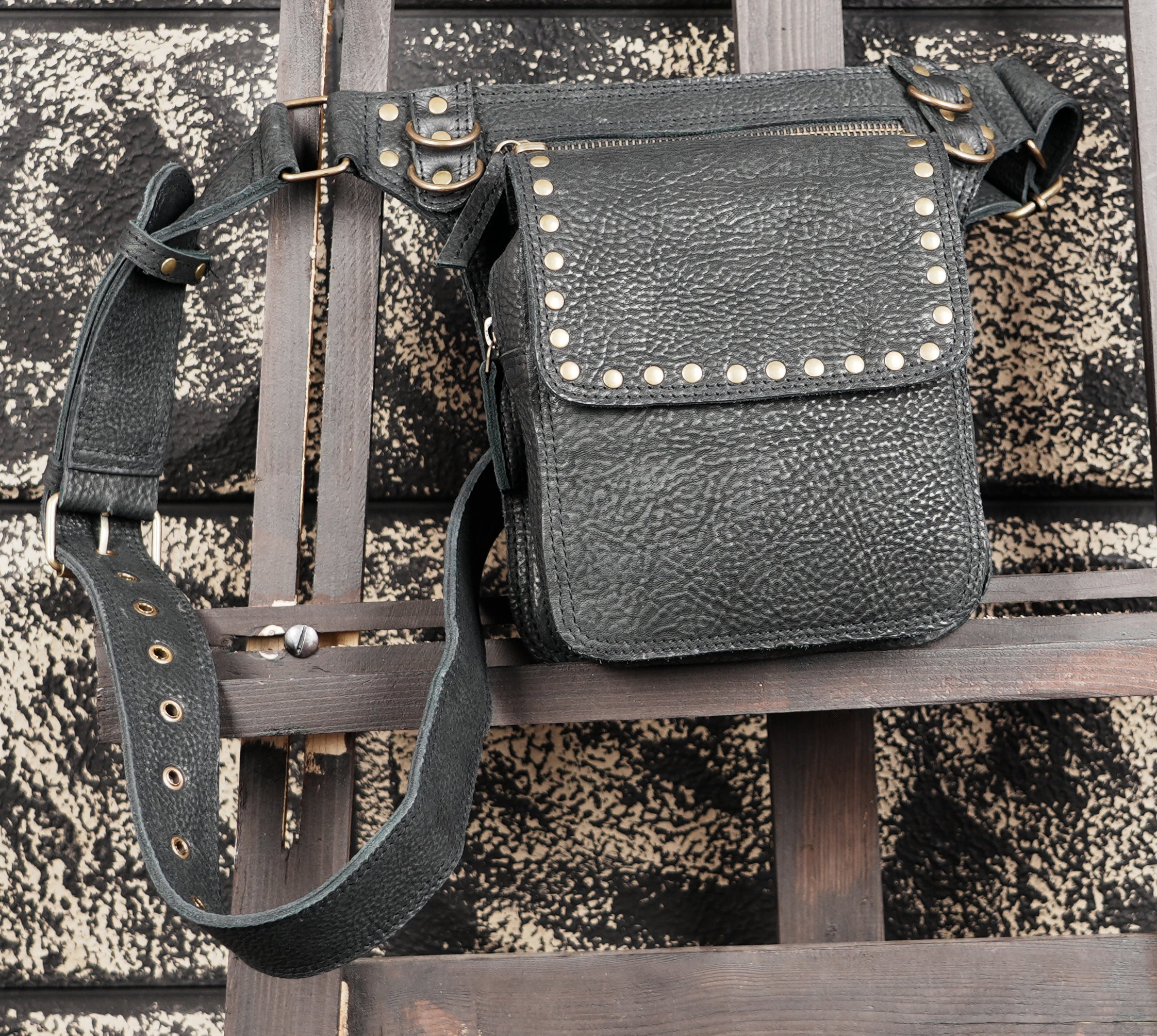 Black Genuine Leather Waist Belt Bag with Stud Detail || Unisex Black Leather Utility Waist Bag with Adjustable Belt (LT/AB/WB/6209)