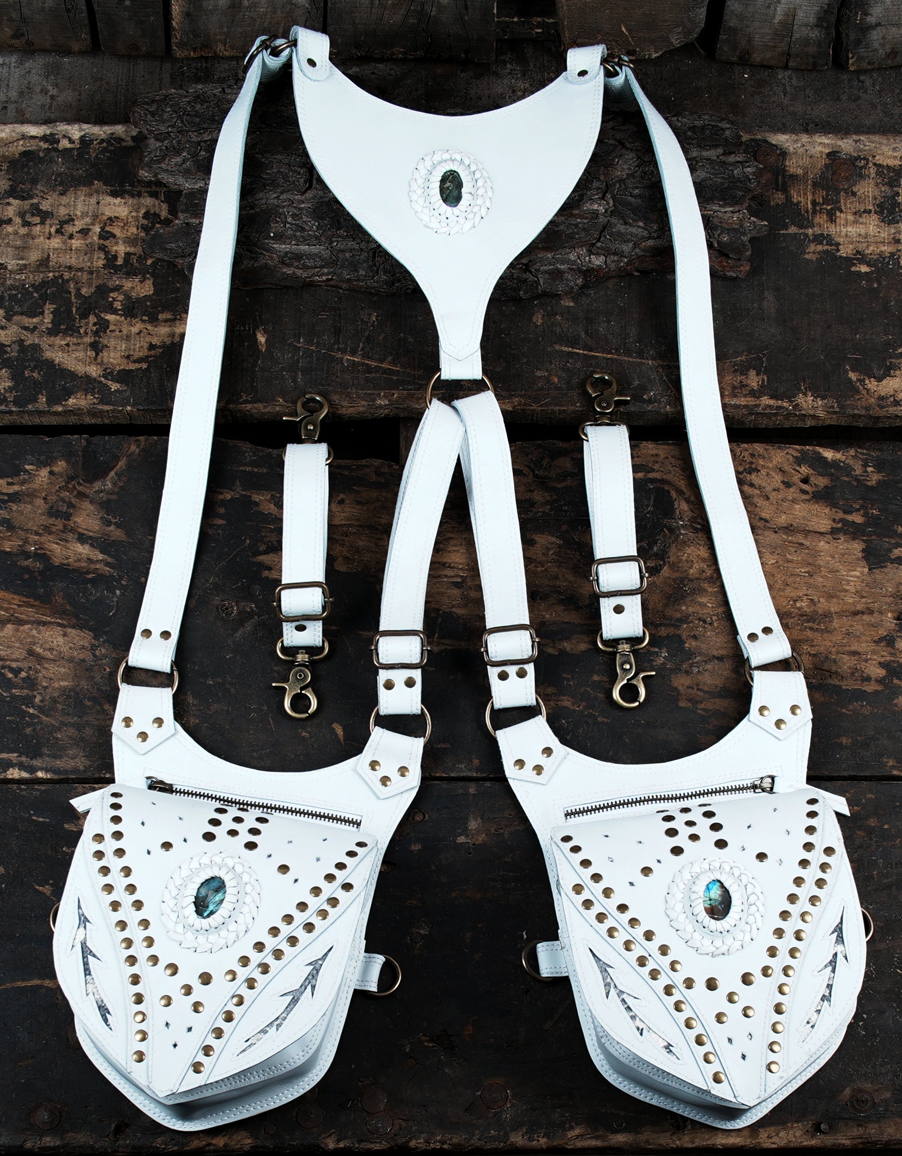 Handmade Leather Shoulder Holster with Dual Zipper Pouches || Tribal Style Leather Shoulder Holster with Stone Detail (LT/AB/HLS/6064)