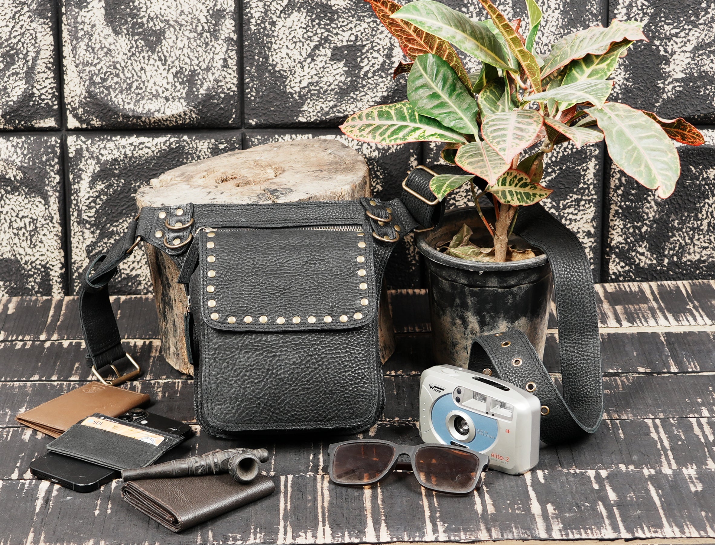 Black Genuine Leather Waist Belt Bag with Stud Detail || Unisex Black Leather Utility Waist Bag with Adjustable Belt (LT/AB/WB/6209)