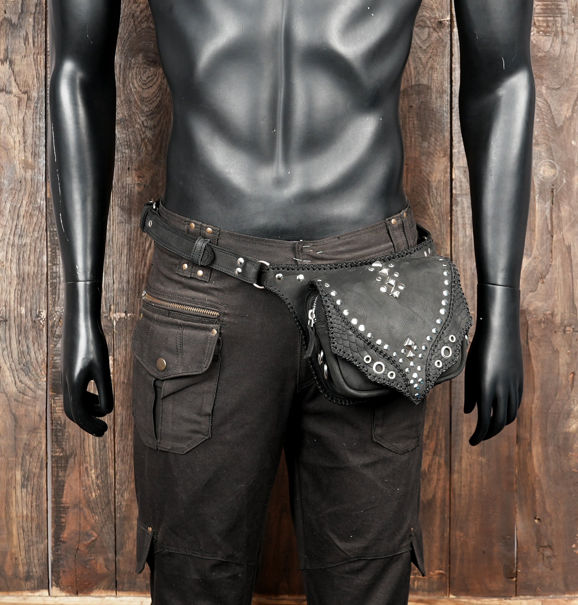 Black Leather Waist Belt Bag with Stud Accents || Black Festival Waist Bag with Rivet Design For Unisex (LT/NS/WB/6050)