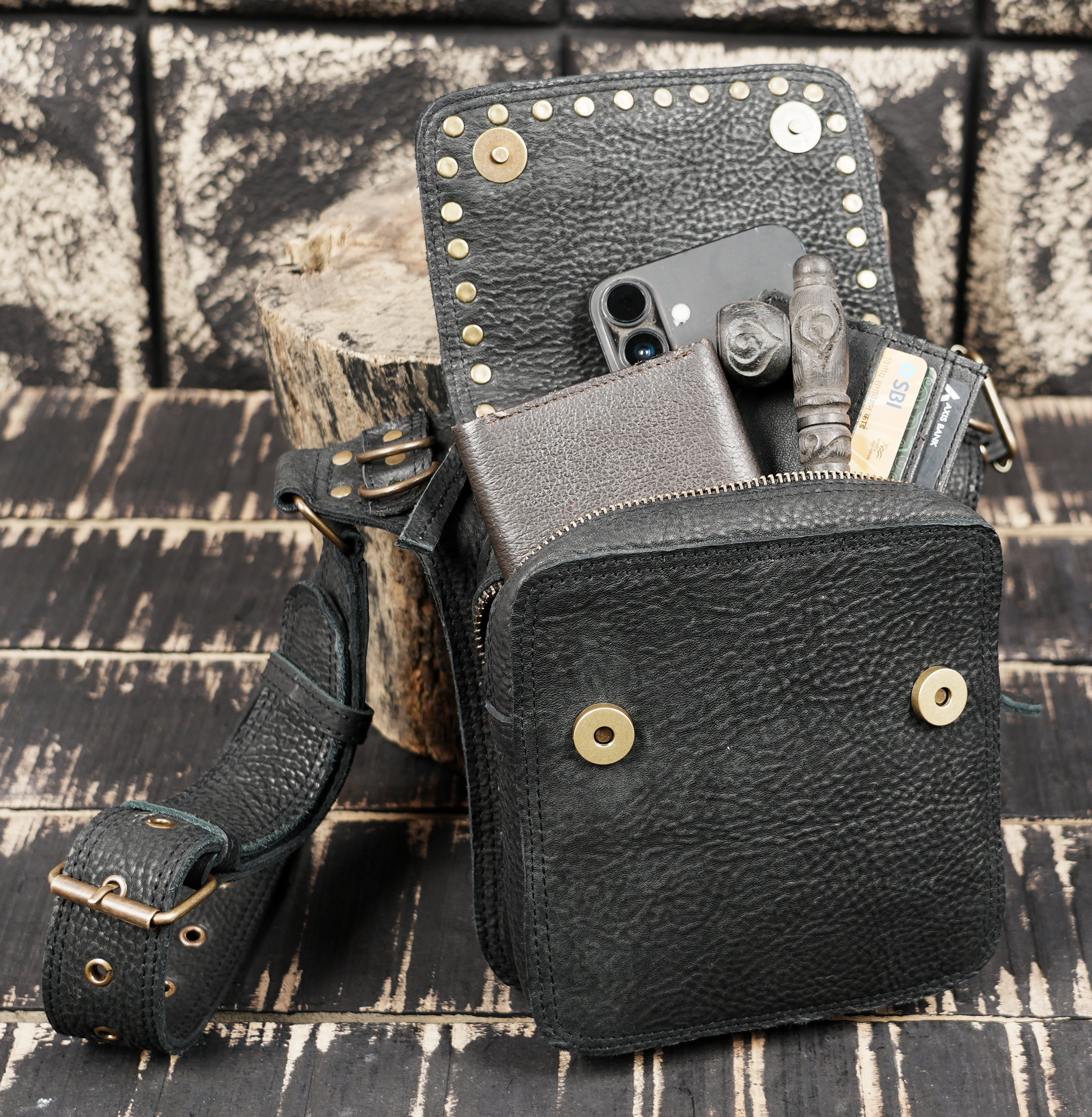 Black Genuine Leather Waist Belt Bag with Stud Detail || Unisex Black Leather Utility Waist Bag with Adjustable Belt (LT/AB/WB/6209)