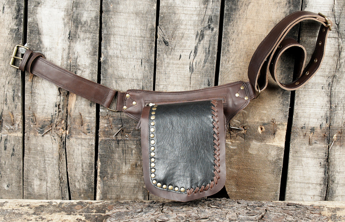 Tribal aesthetic brown leather waist bag with brass hardware