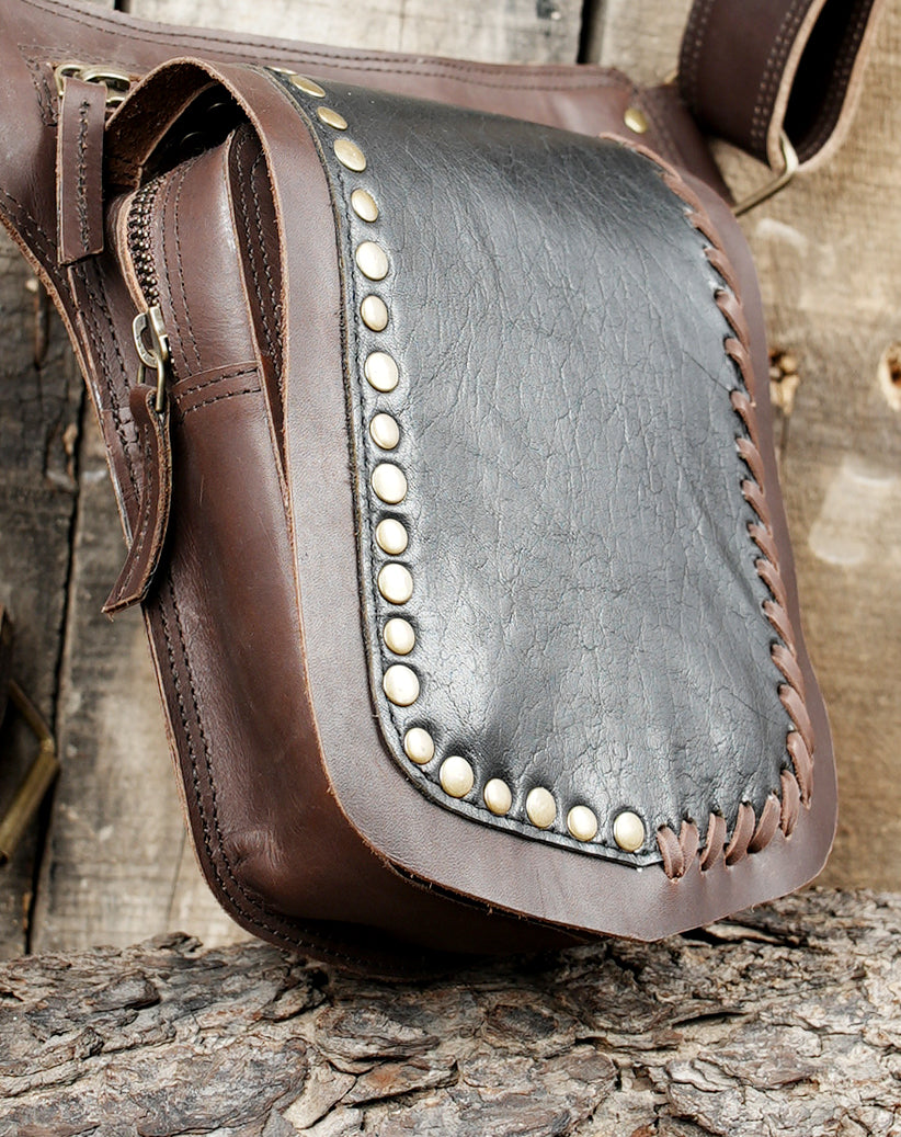 Boho style brown leather fanny pack and festival hip belt