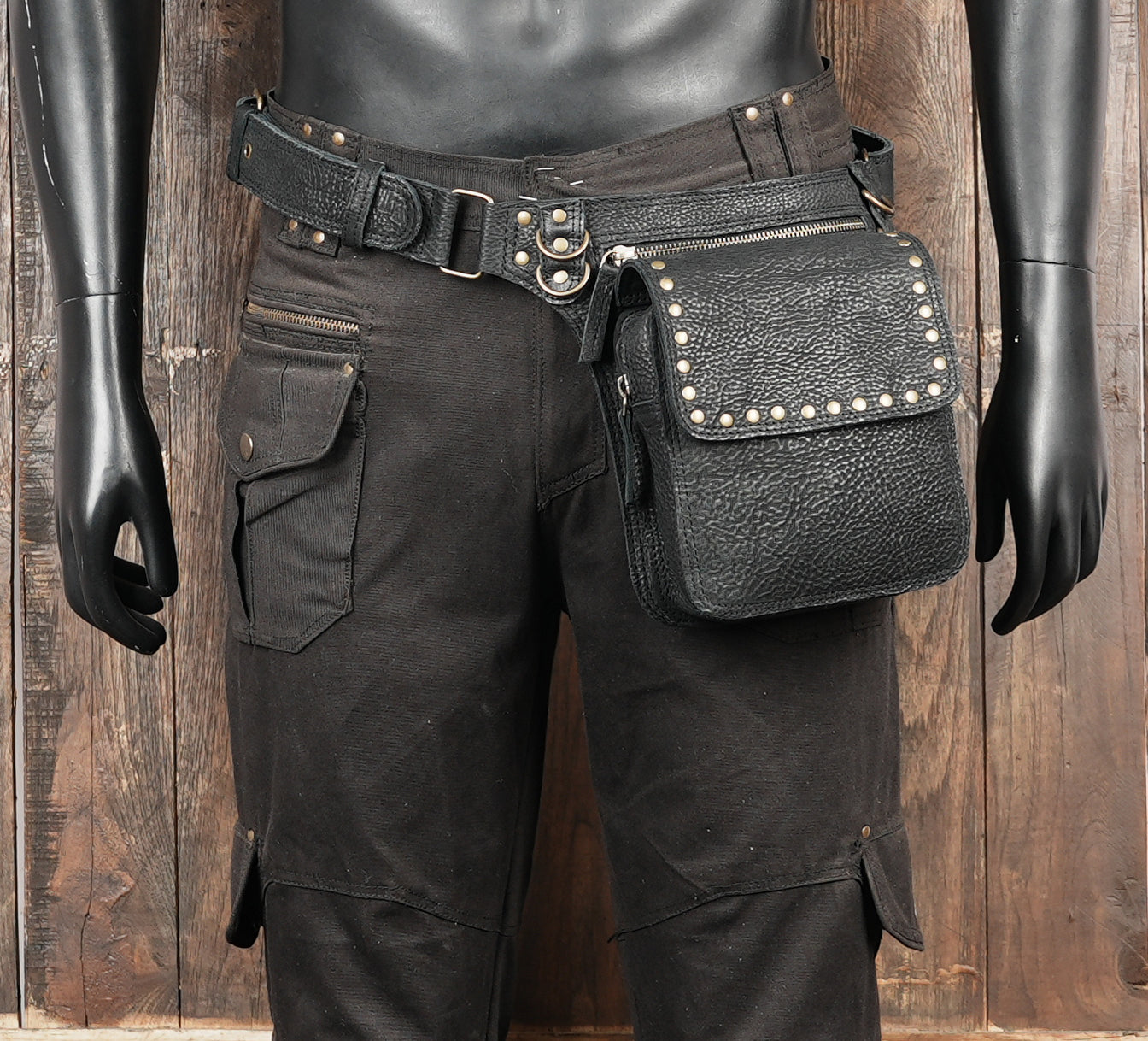 Black Genuine Leather Waist Belt Bag with Stud Detail || Unisex Black Leather Utility Waist Bag with Adjustable Belt (LT/AB/WB/6209)