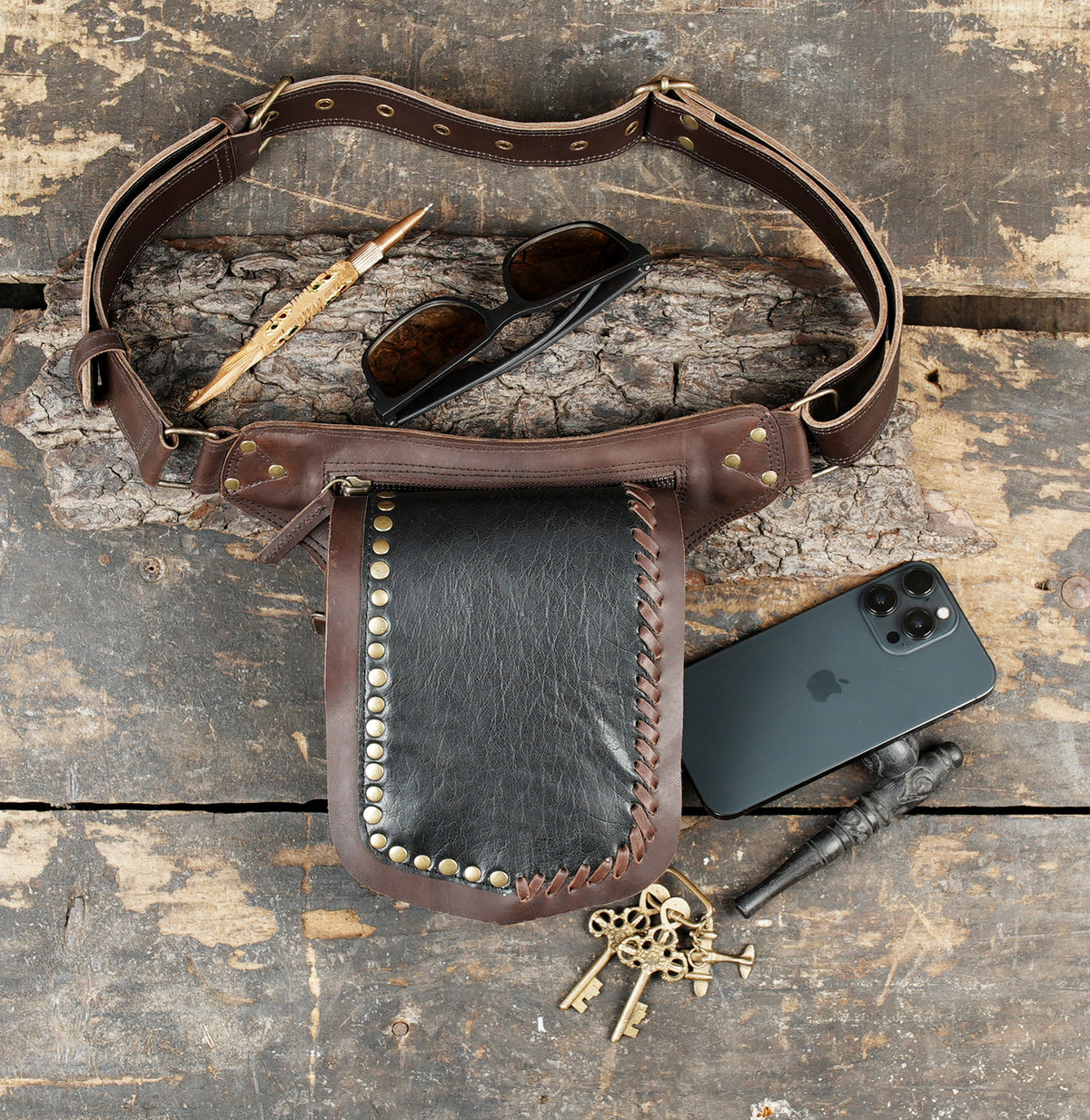 Everyday brown leather waist pouch for alternative fashion outfits