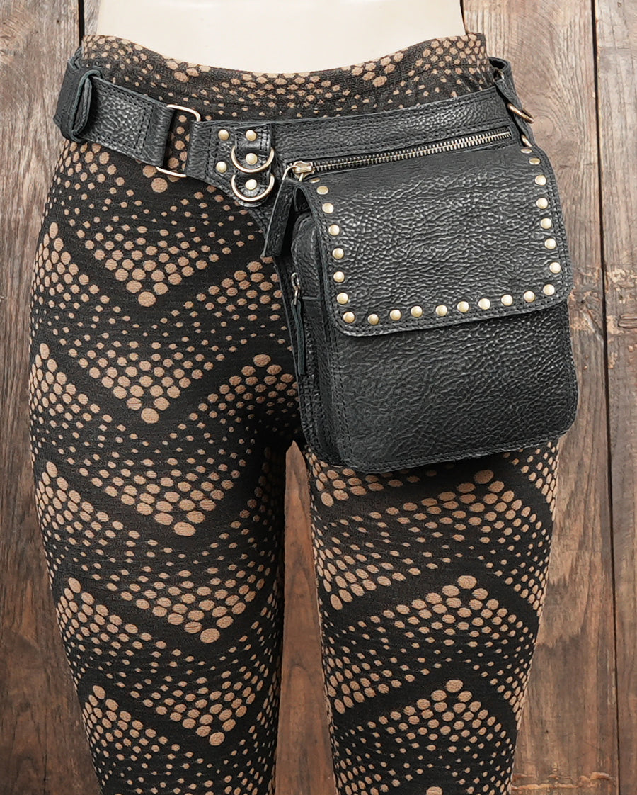 Black Genuine Leather Waist Belt Bag with Stud Detail || Unisex Black Leather Utility Waist Bag with Adjustable Belt (LT/AB/WB/6209)