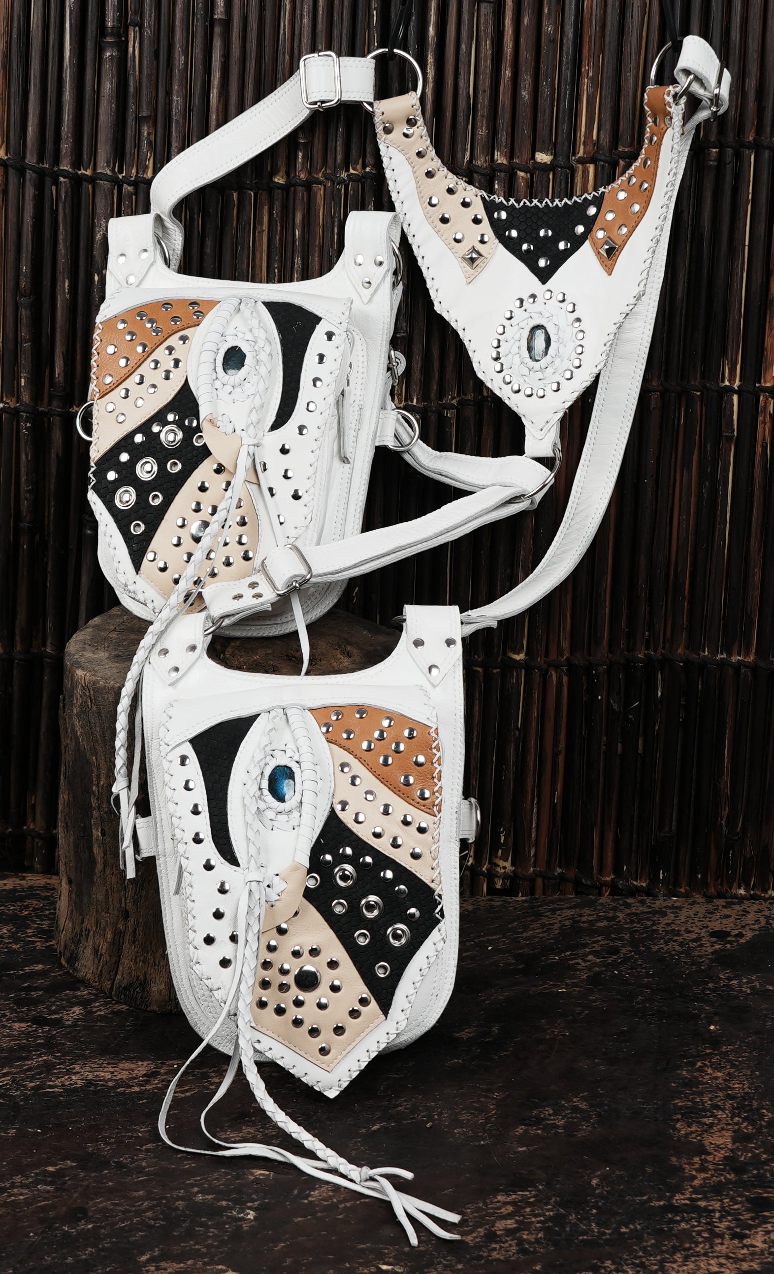 Handcrafted White Leather Dual Shoulder Holster with Stud Details || Unisex White Leather Harness Holster with Twin Pouches (LT/NS/HLS/6015)