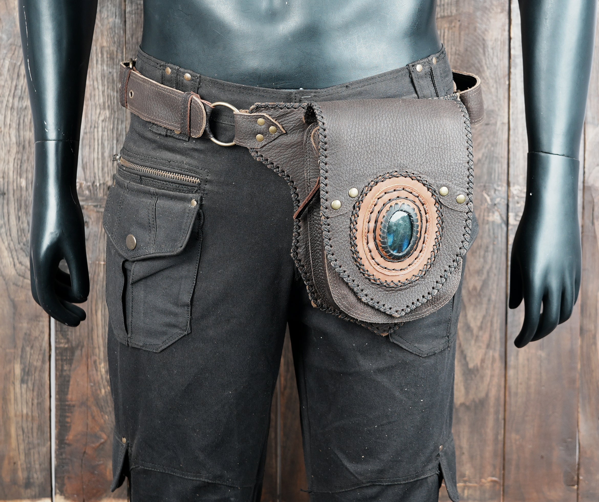 Handmade Leather Waist Belt with Front Pouch and Stone Detail || Leather Waist Belt Bag with Metal Hardware || Handmade Leather Waist Belt for Travel and Festivals (LT/AB/WB/6191)