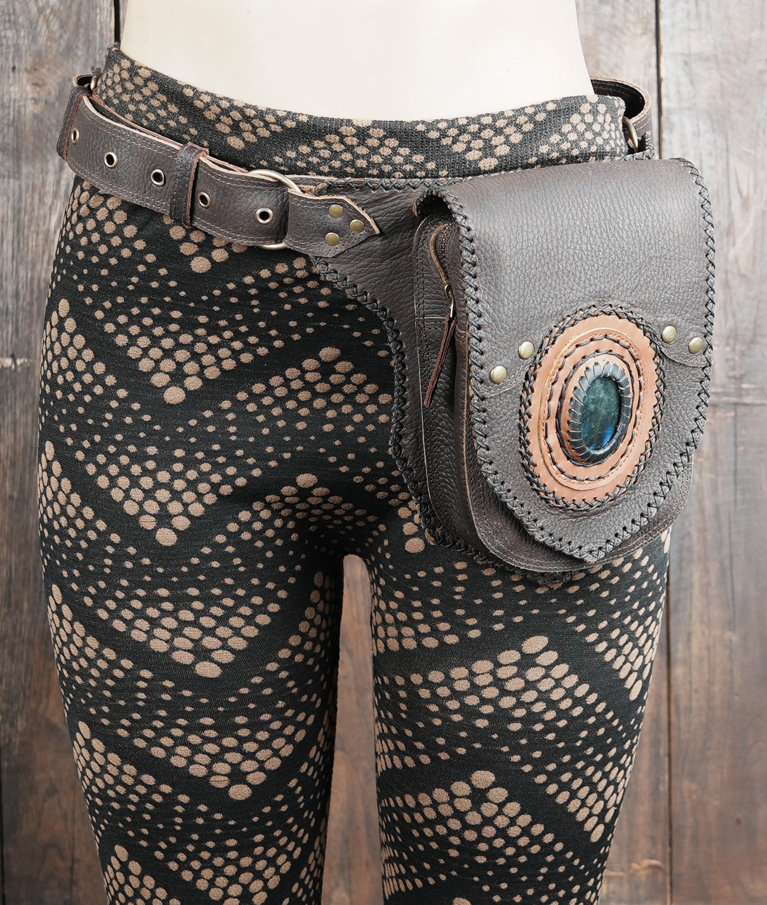 Handmade Leather Waist Belt with Front Pouch and Stone Detail || Leather Waist Belt Bag with Metal Hardware || Handmade Leather Waist Belt for Travel and Festivals (LT/AB/WB/6191)