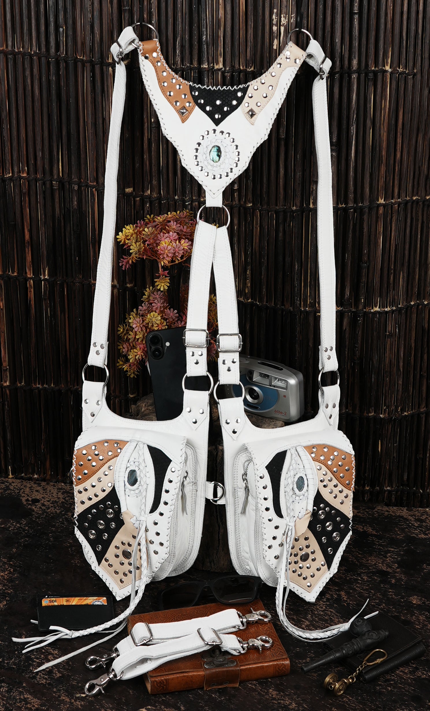 Handcrafted White Leather Dual Shoulder Holster with Stud Details || Unisex White Leather Harness Holster with Twin Pouches (LT/NS/HLS/6015)