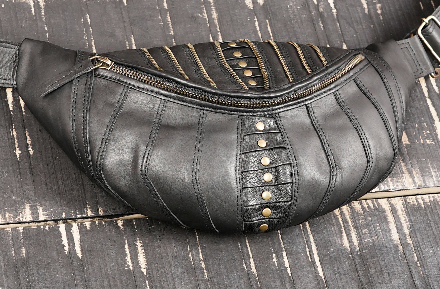 Handmade Black Leather Waist Shoulder Belt with Zipper Pouch || Leather Waist Shoulder Bag with Studded Detailing (LT/AB/SB/6011)