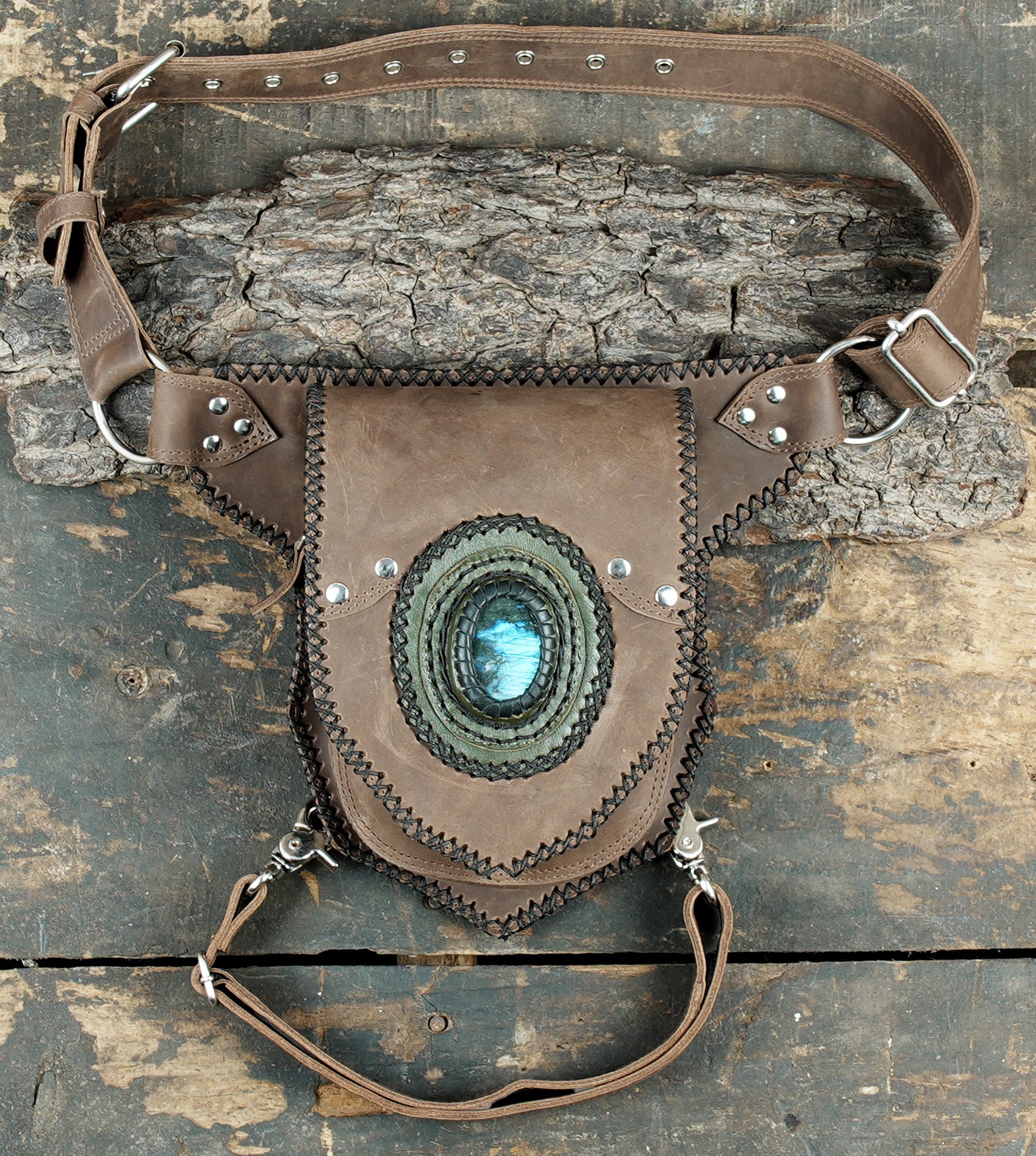 Black Leather Waist Thigh Belt with Natural Stone Pouch || Handmade Leather Waist Thigh Holster Belt with Gemstone Detail (LT/NS/WBTS/6026)