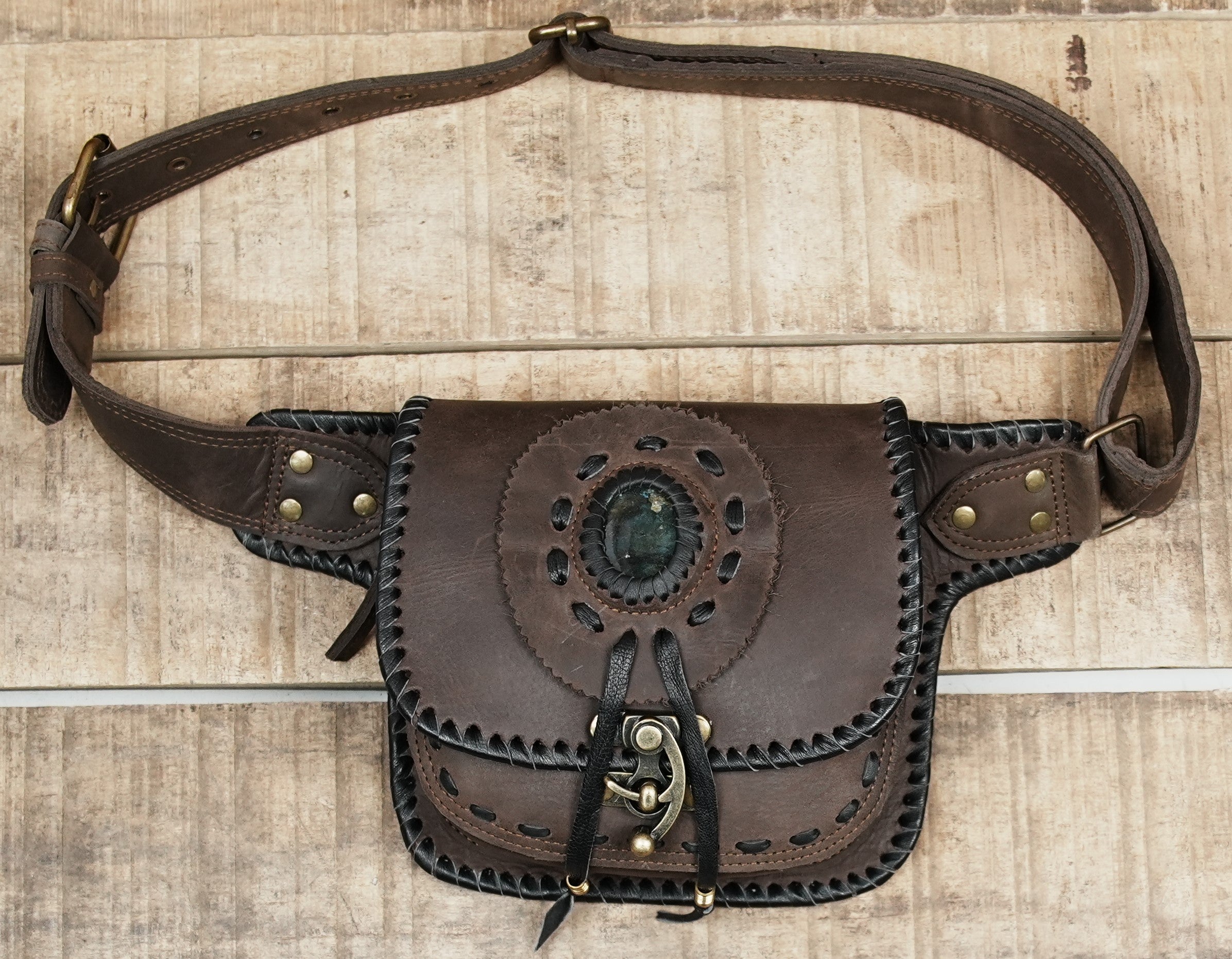 Handmade Leather Waist Belt with Pouch | Steampunk Gothic Utility Belt | Steampunk Leather Waist Belt with Stone Detail | Handmade Utility Bag (LT/AB/WB/6078)