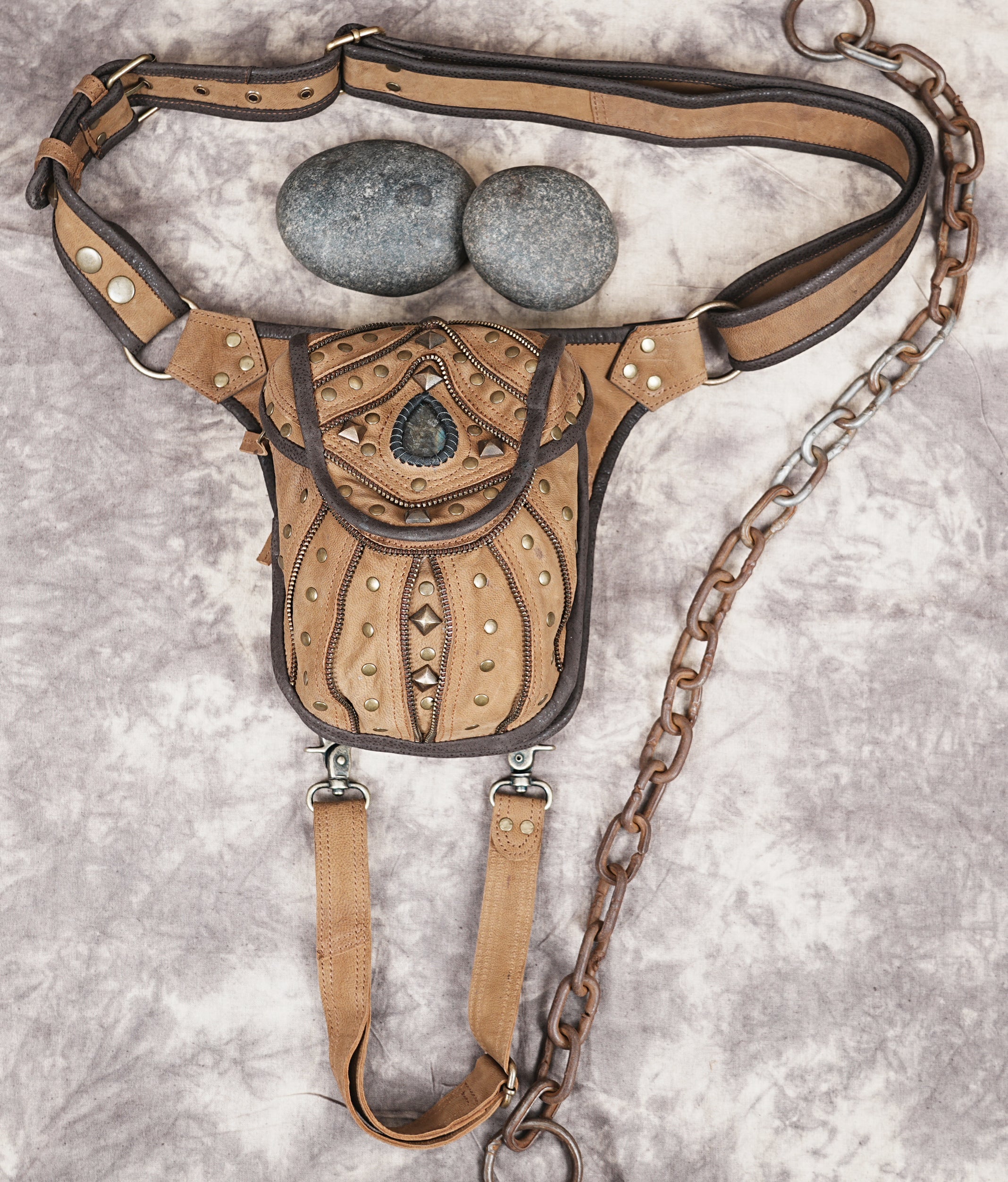 Leather waist and thigh belt with front utility pouch