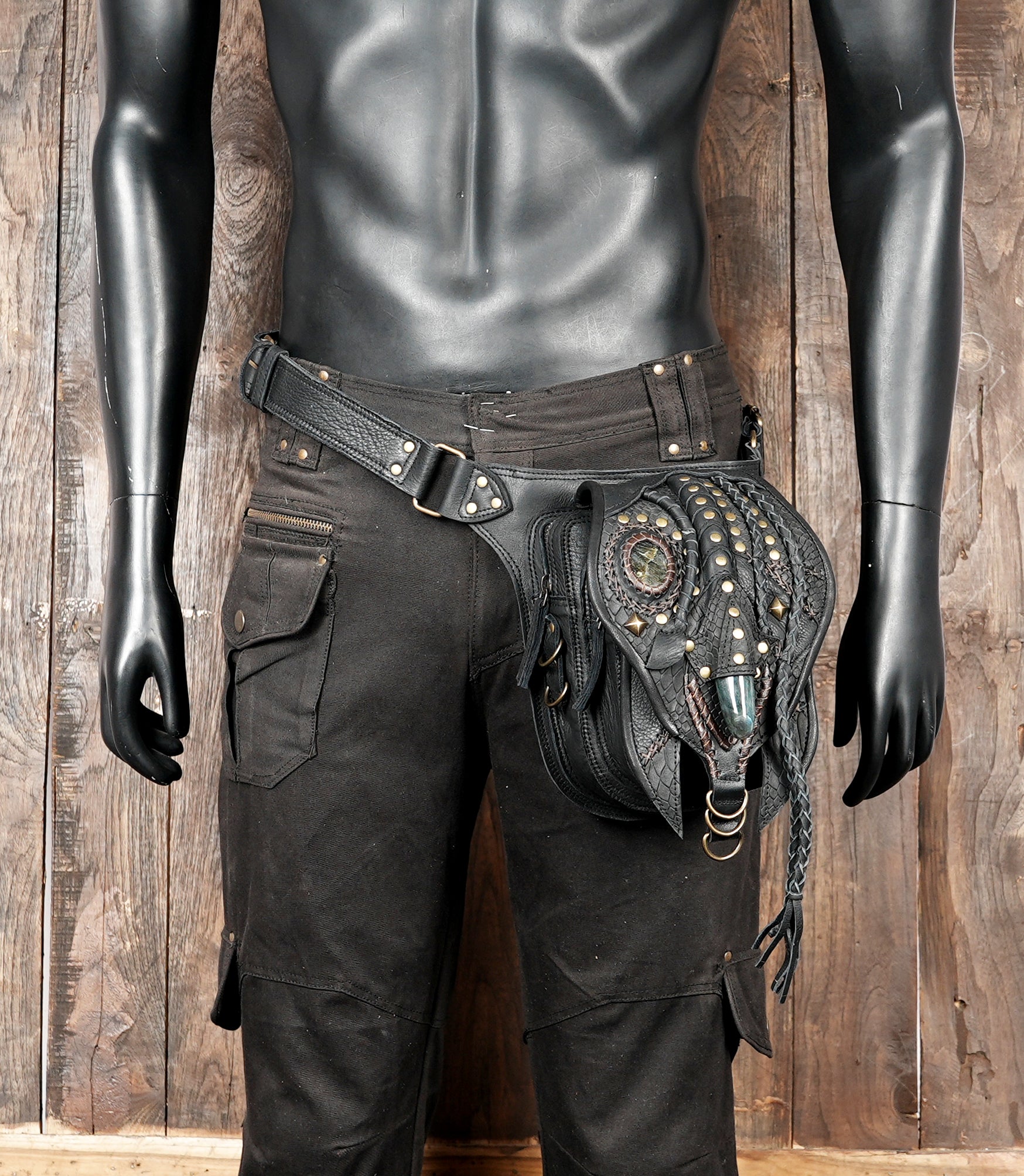 "Leather waist utility bag with braided leather straps"