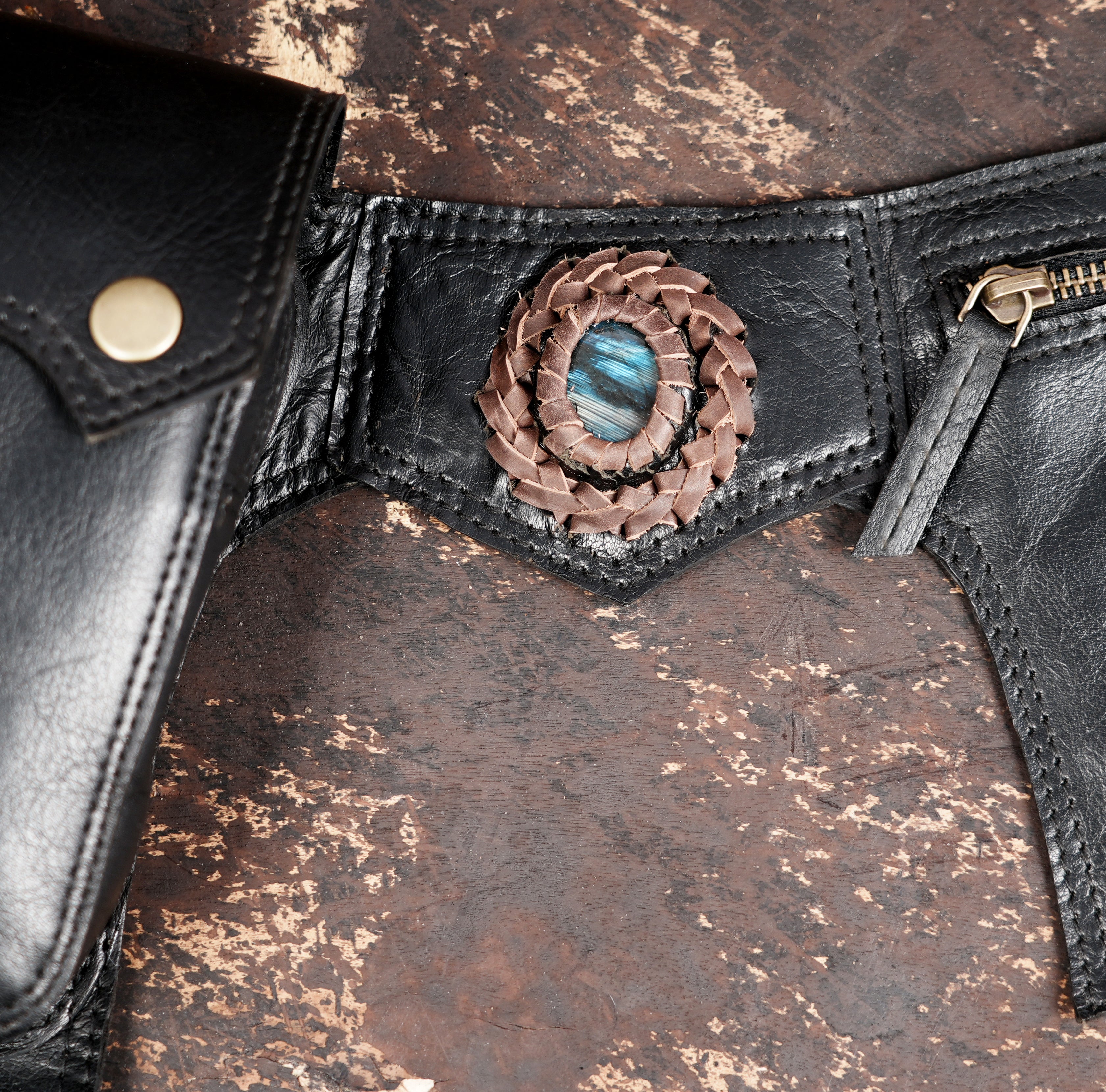 Premium leather festival belt with snap closures and zipper pocket