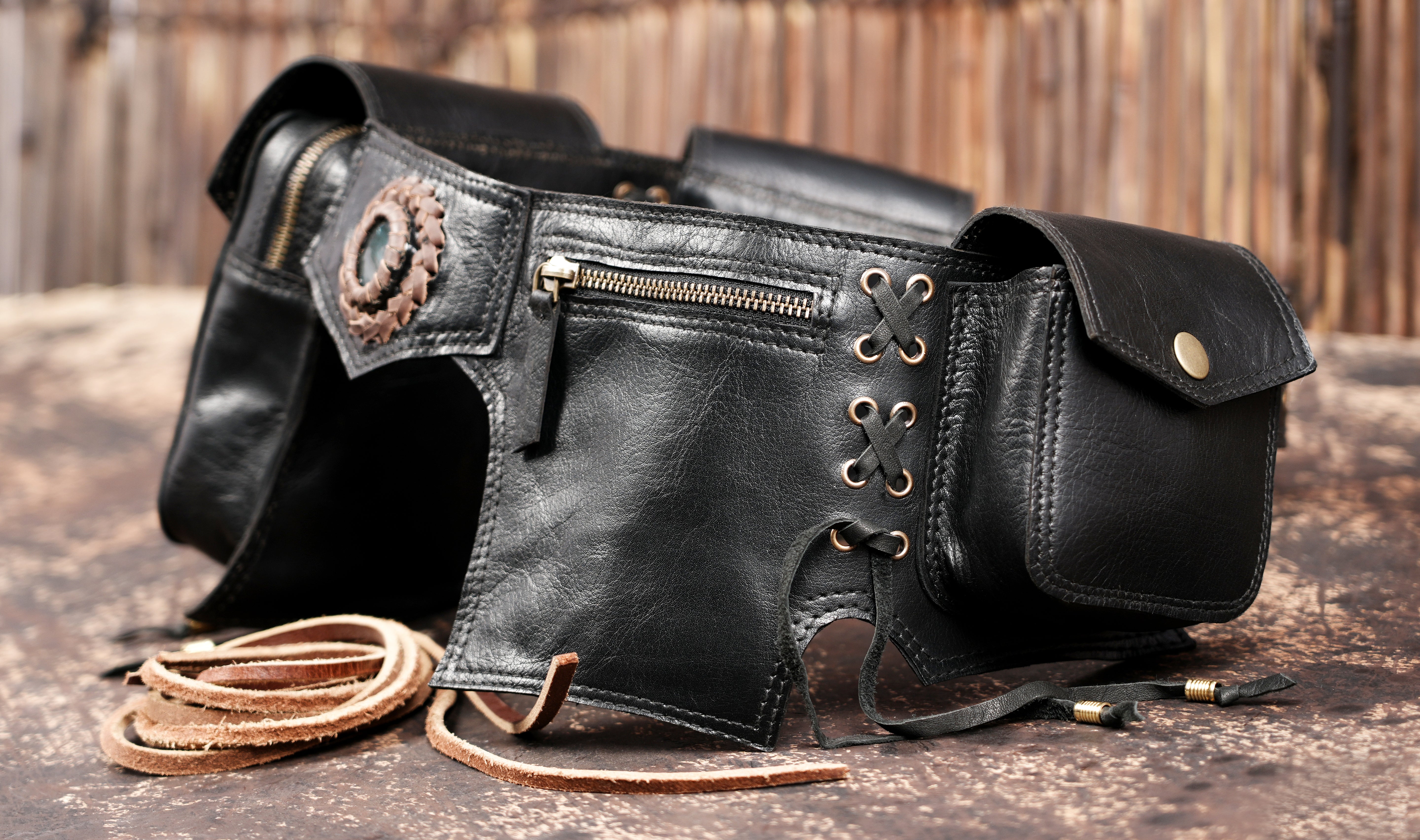 Leather hip belt with multi pockets and decorative beadwork