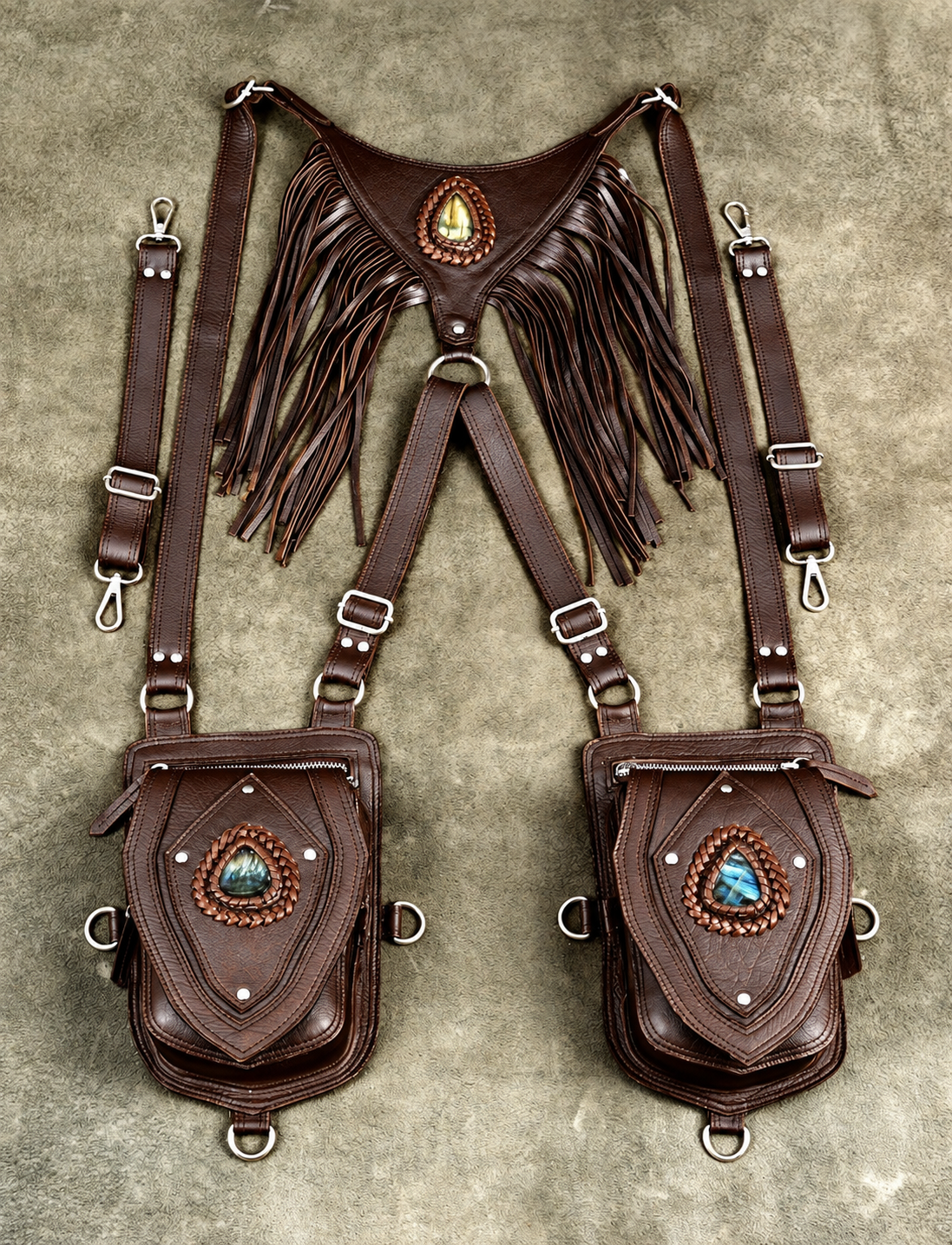 Boho-gothic leather body harness and dual utility holster bags featuring crystal stones and fringe