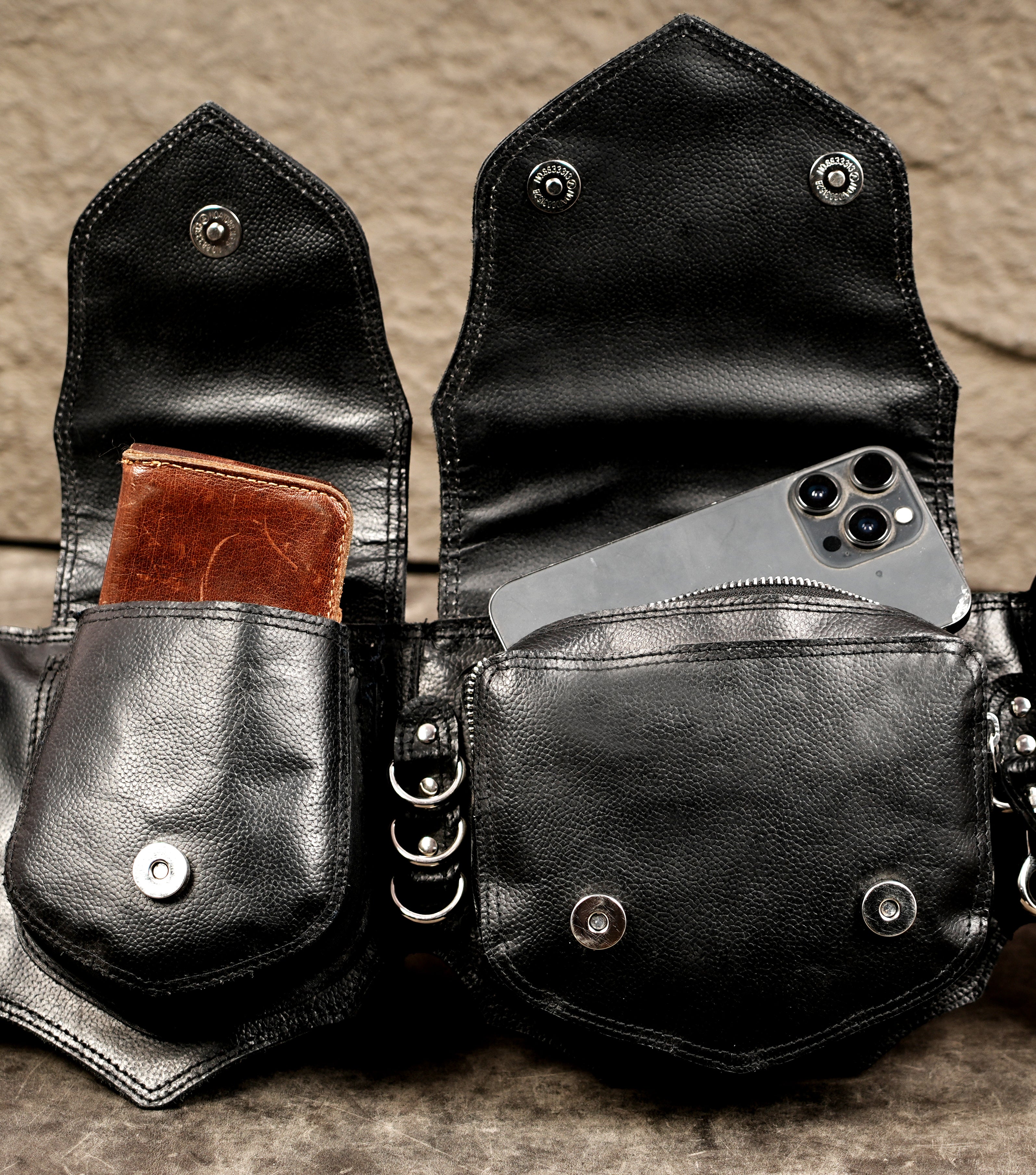 Dark fantasy costume belt with scalloped pouch design