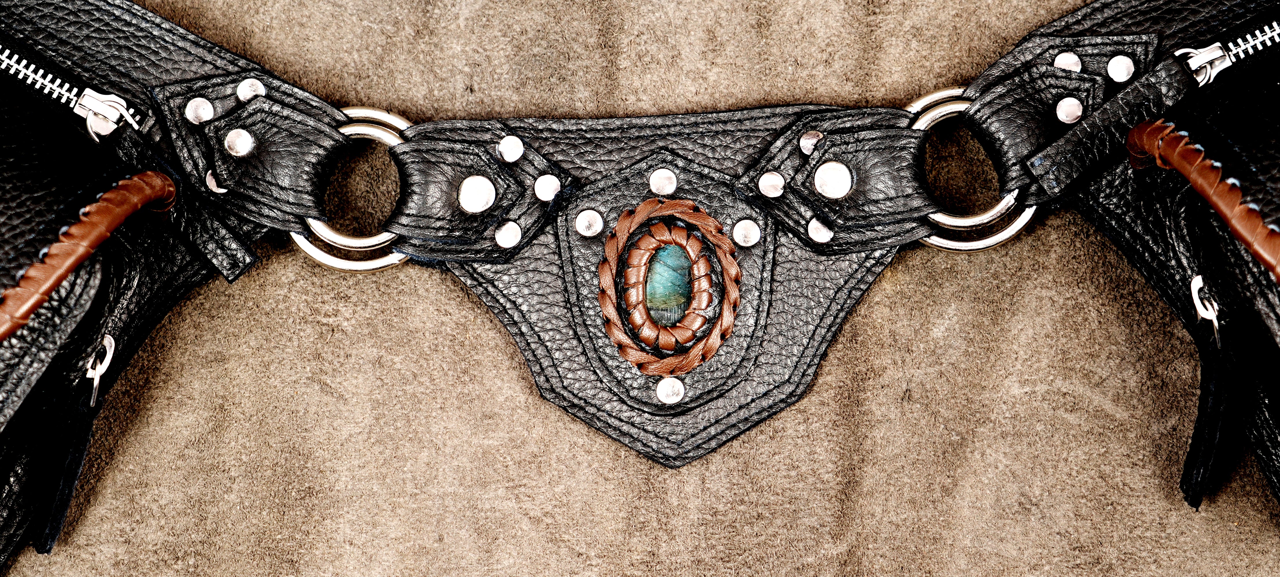 Dark fantasy leather belt with dual zip pouches and stones