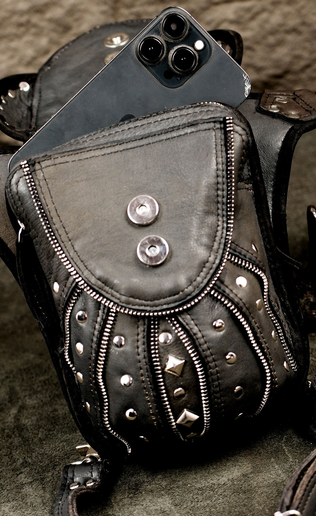 Dark fantasy leather leg pouch with crystal accent