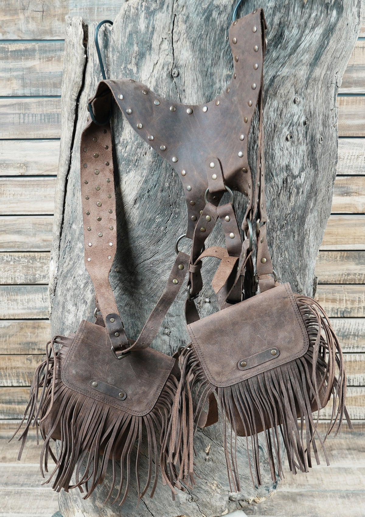 Brown Leather Chest Harness Bag with Fringe Pockets and Studded Yoke