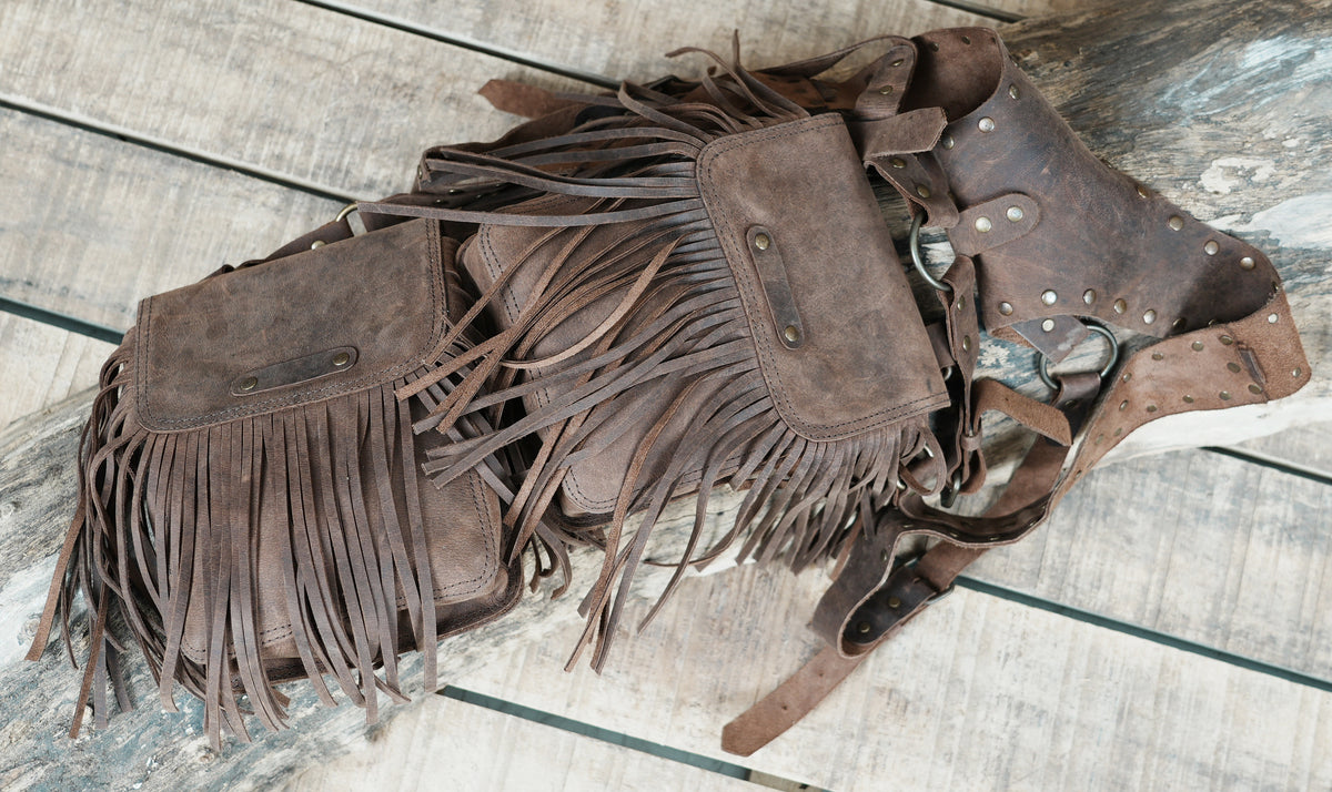 Brown Leather Chest Harness Bag with Fringe Pockets and Studded Yoke