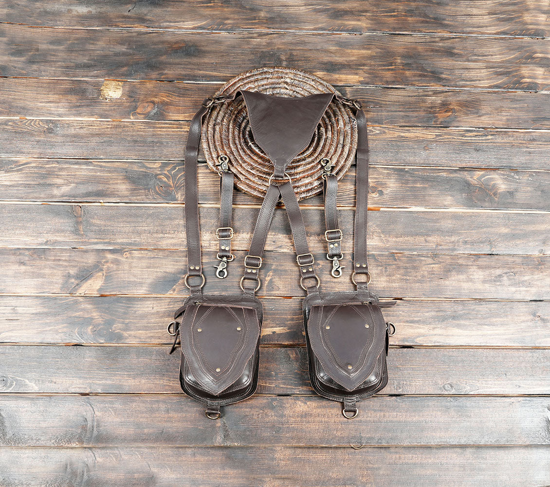 Dark brown leather double shoulder holster bag with two front pouches and adjustable harness straps