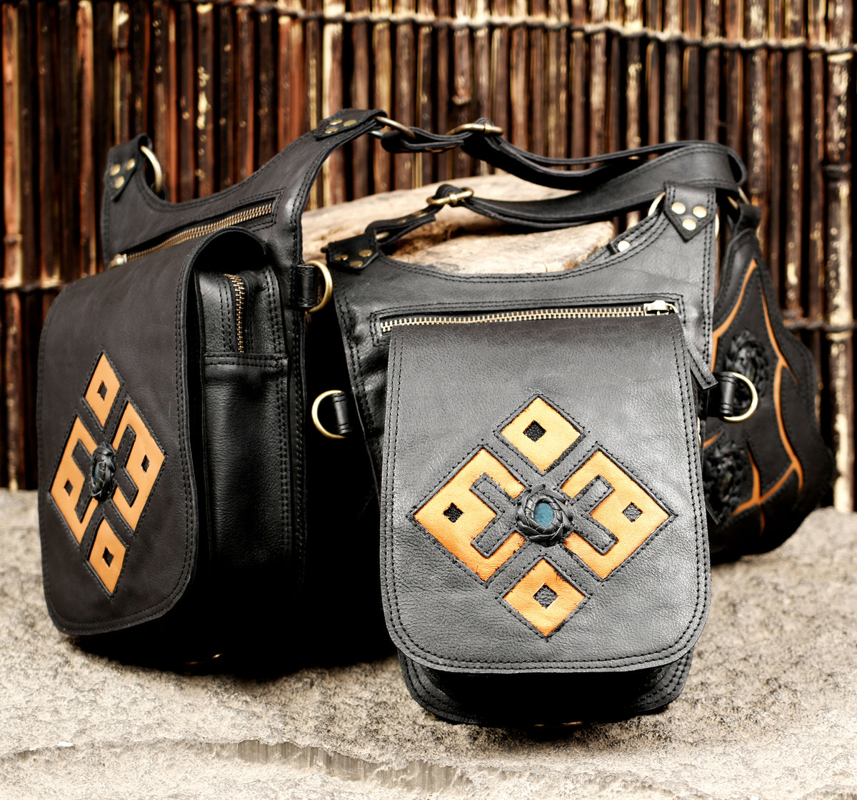 Unisex black leather chest bag with double pockets