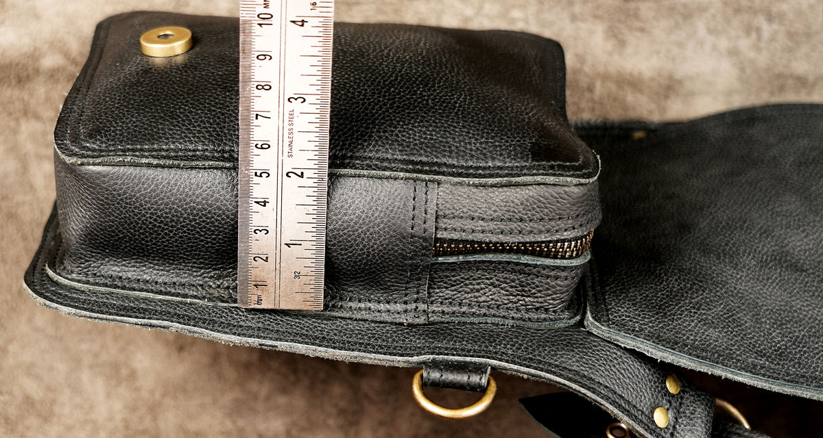 Unisex black leather shoulder bag harness with decorative stone settings