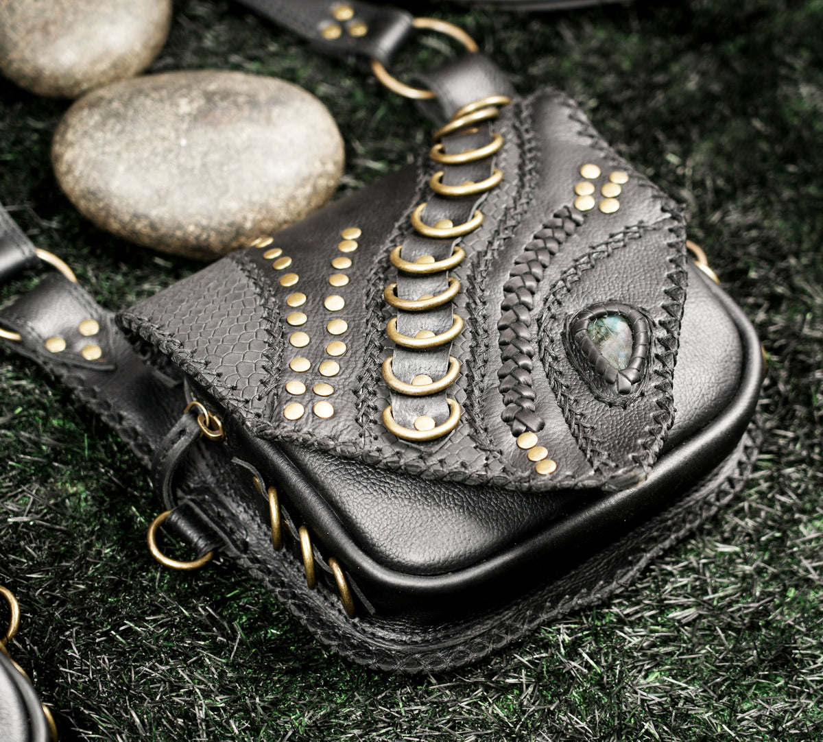 Black Leather Shoulder Holster Bag with Studded Dual Pouches