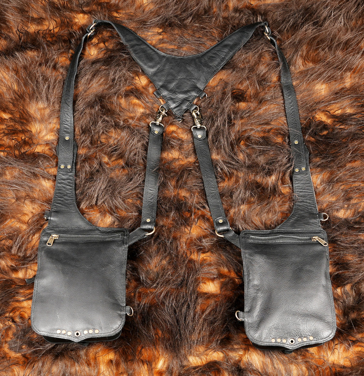 Black Leather Dual Holster Harness Bag Unisex Festival Chest Rig