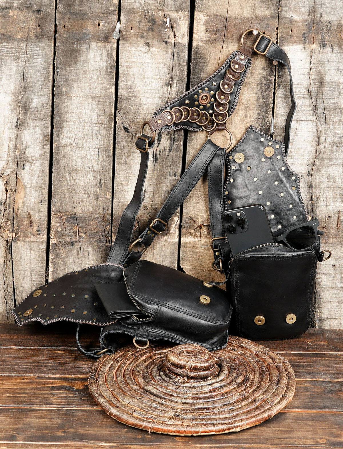 Unisex Black Double Pouch Harness Bag with Antique Brass Studs