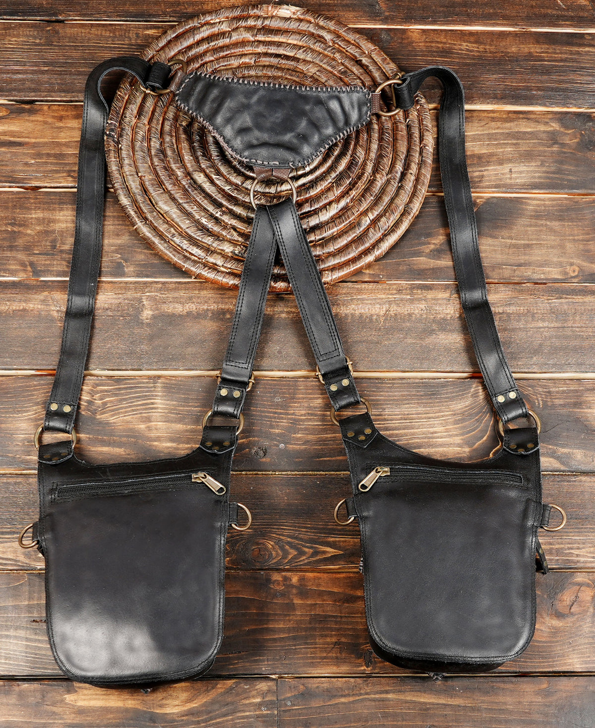 Unisex Black Double Pouch Harness Bag with Antique Brass Studs