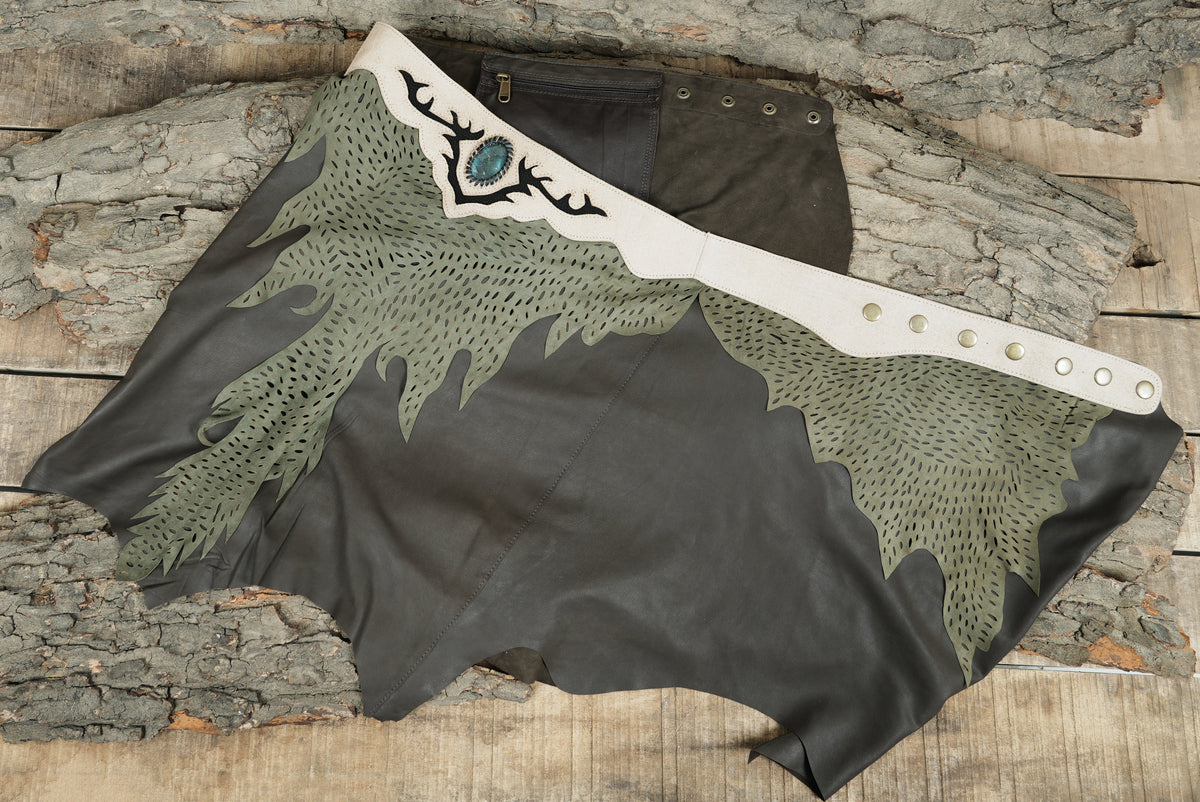 Druid costume leather skirt styled on tree bark background