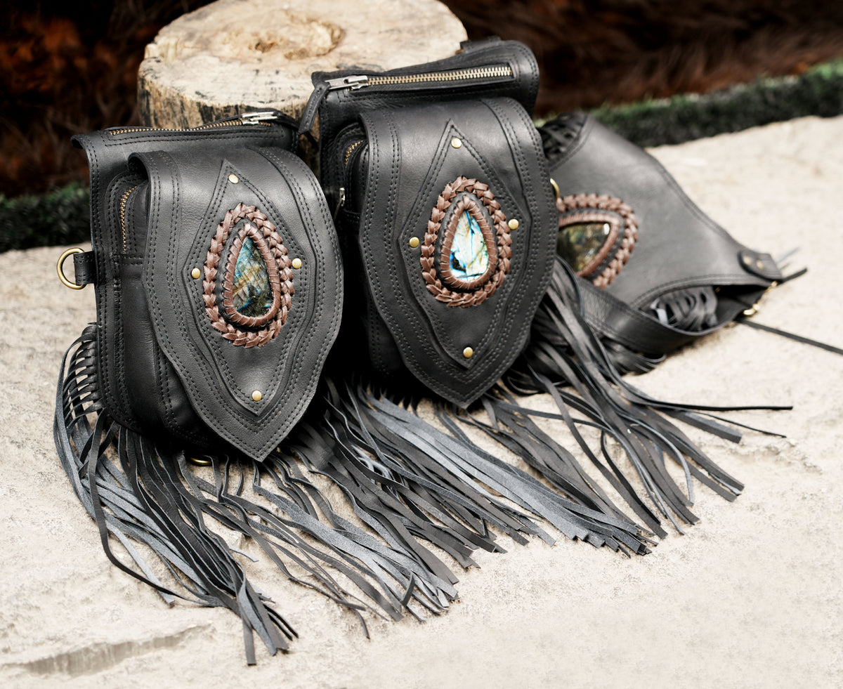 Black Leather Holster Vest Fringe Harness Bag Dual Utility Pouches Festival Body Suspender Natural Labradorite Stones