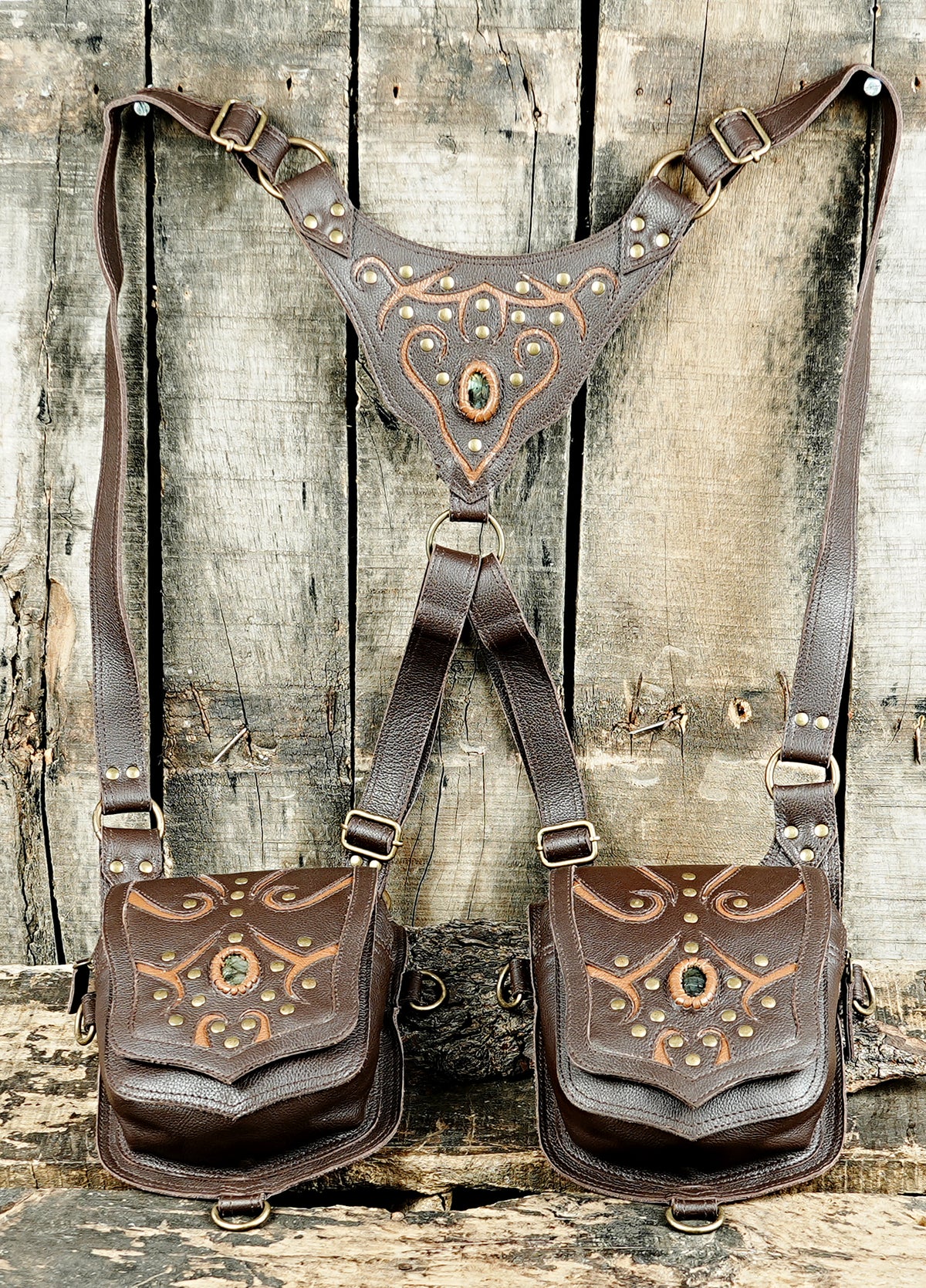 Steampunk double pouch leather harness bag with copper tone detailing and metal studs
