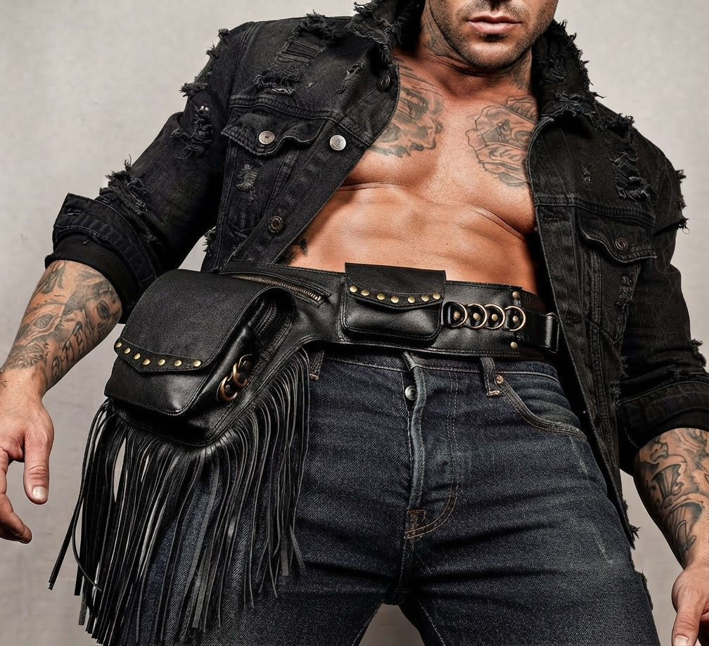 Edgy black leather pouch with brass hardware