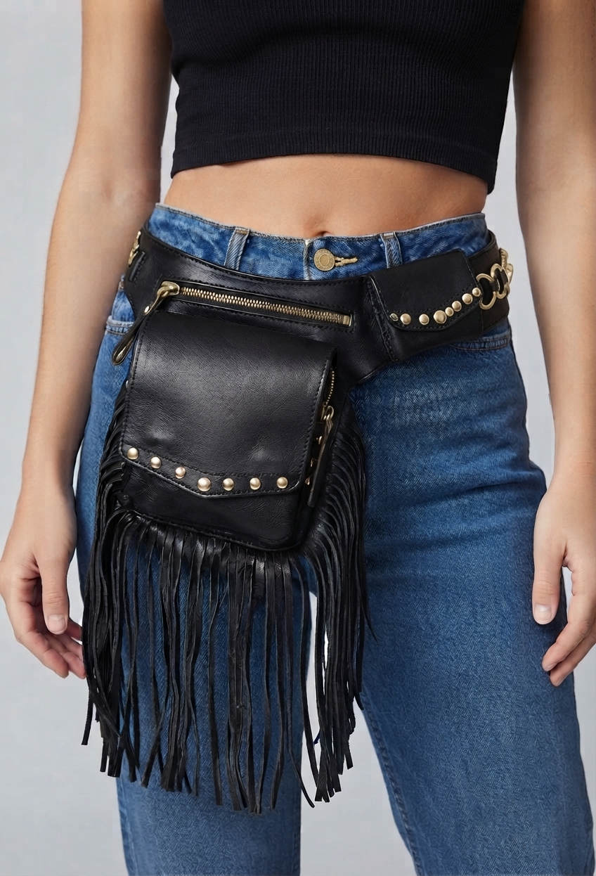 Edgy black leather pouch with brass hardware