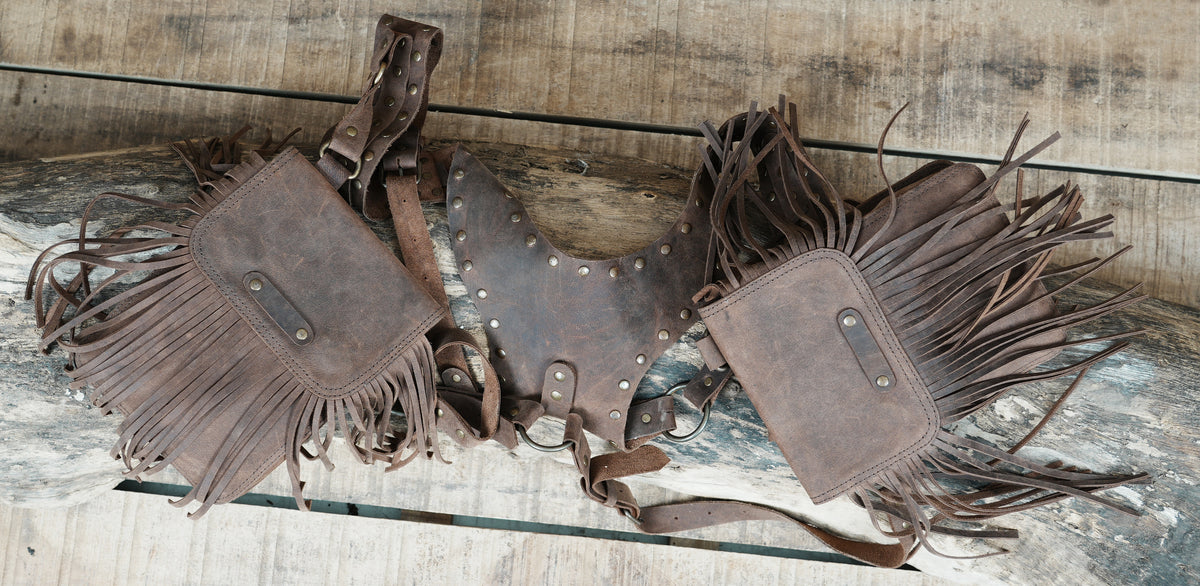 Brown Leather Chest Harness Bag with Fringe Pockets and Studded Yoke