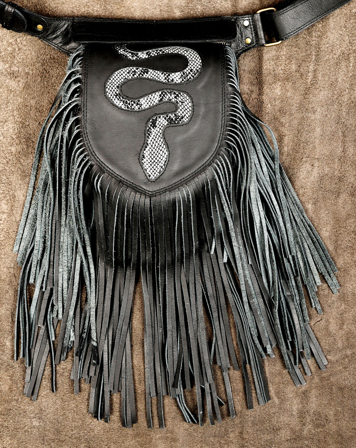 Black leather fringed pouch with a snakeskin-patterned snake applique on the front.