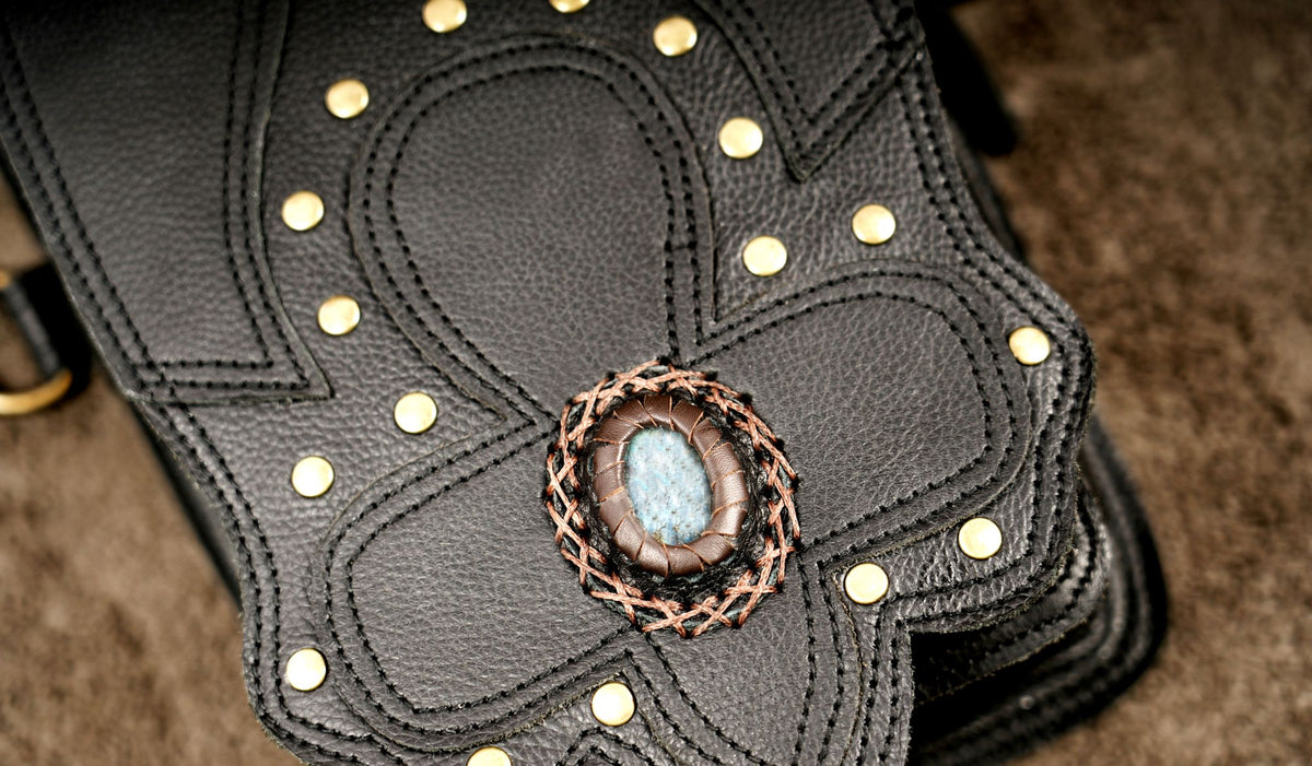 Black leather double pouch bag for Burning Man and outdoor festivals