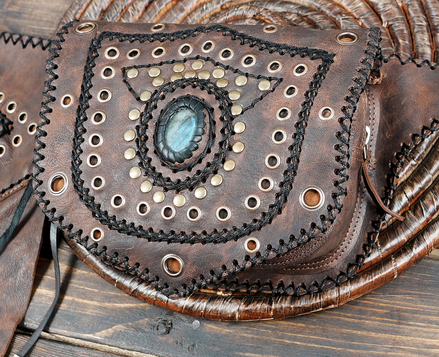 Festival leather skirt with three stone medallions, full view