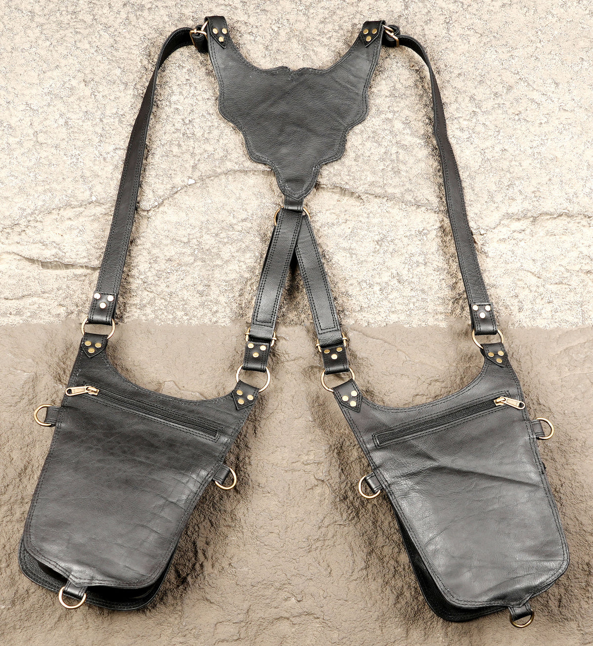 Festival leather harness bag with two front storage pouches
