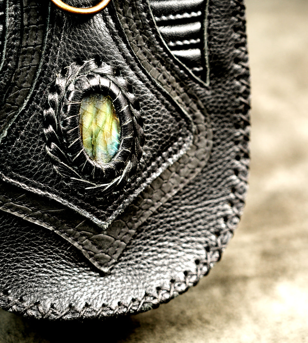 Leather festival waist belt with decorative gemstone pockets and buckle closure